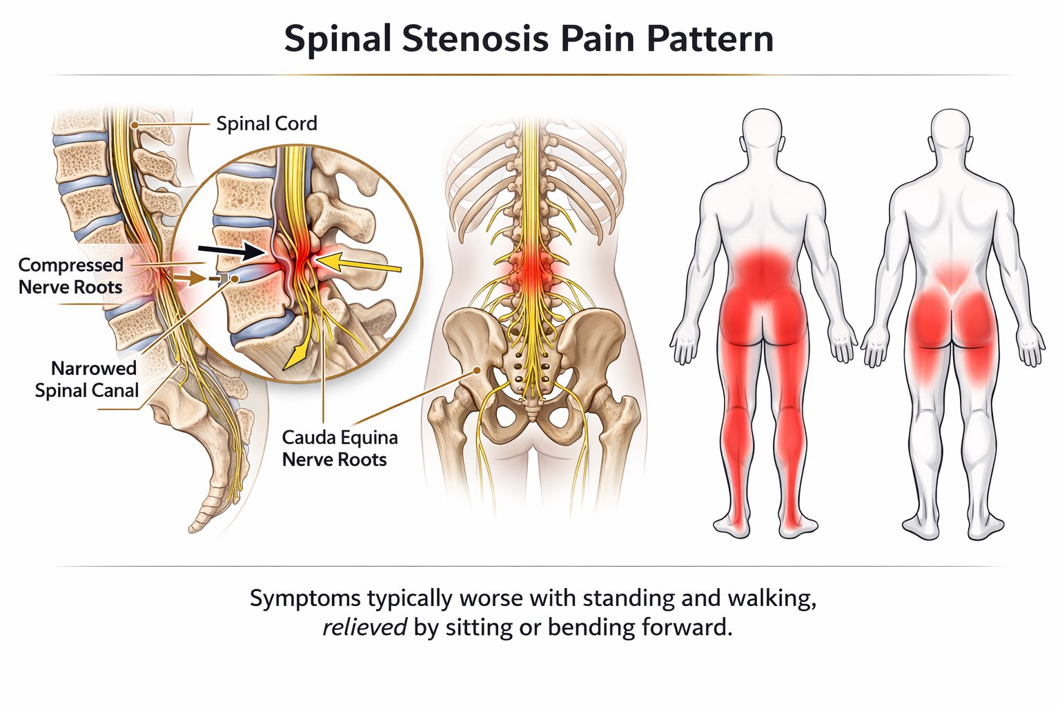 Infographic of spinal stenosis pain pattern showing a narrowed spinal canal and compressed nerve roots, with pain commonly felt in the buttocks and legs and often relieved by sitting or bending forward.