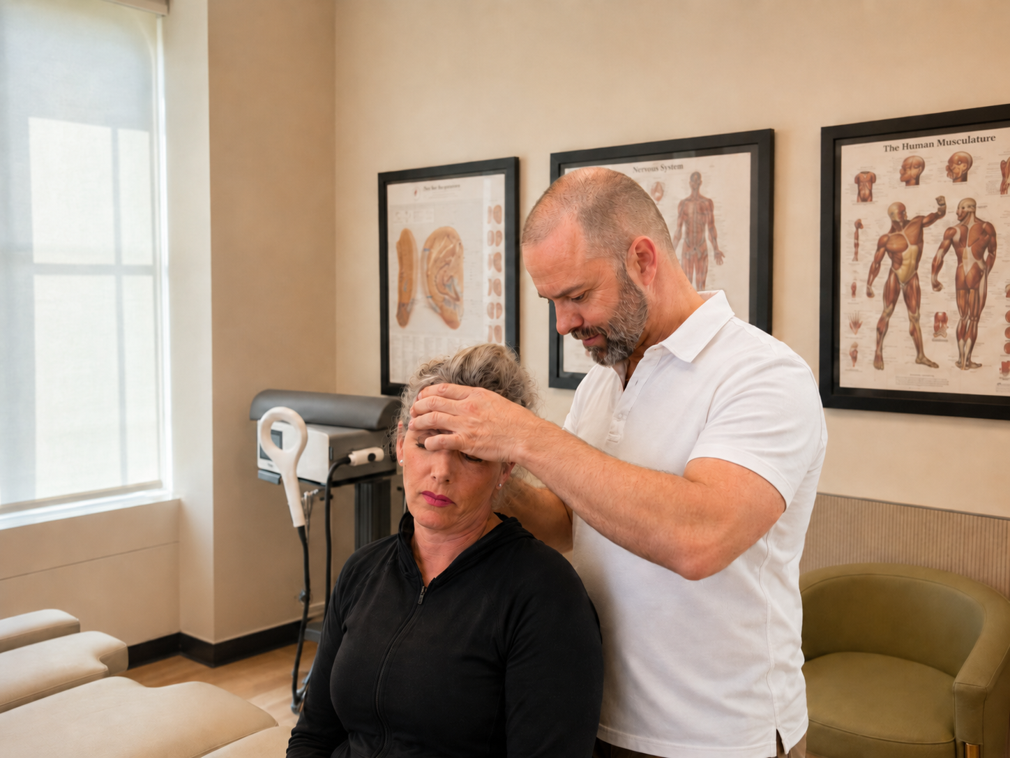 Clinician assessing a patient's neck range of motion during a neck pain consultation.