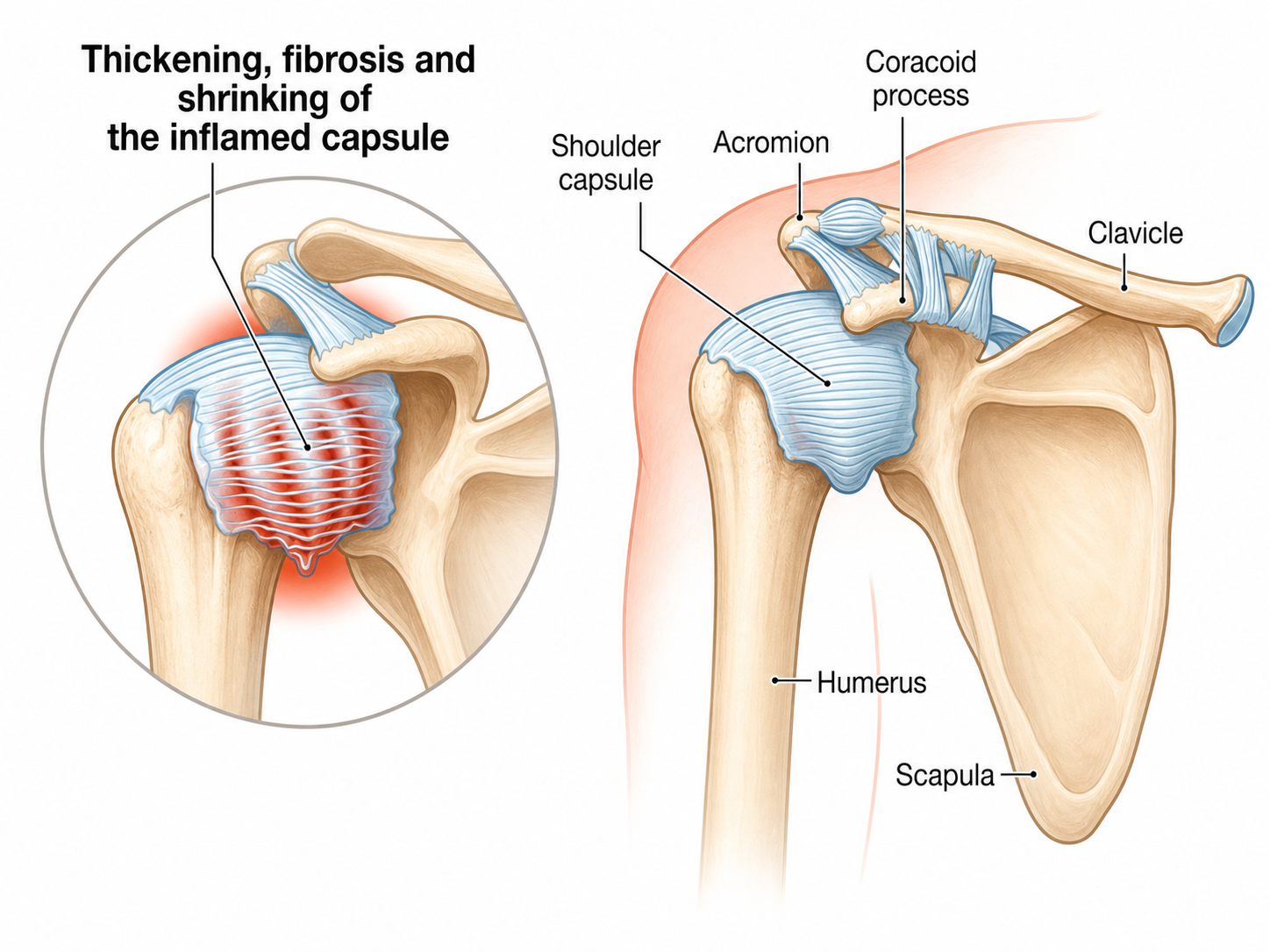 Medical illustration of frozen shoulder, also called adhesive capsulitis, showing thickening, fibrosis, and shrinking of the inflamed shoulder capsule with labeled anatomy including the acromion, coracoid process, clavicle, humerus, and scapula.
