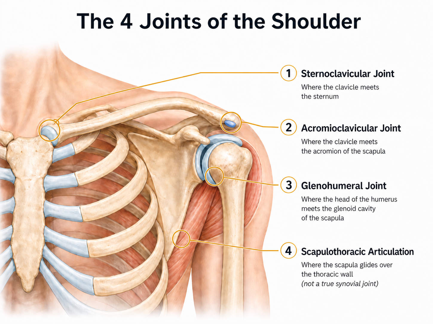 Shoulder anatomy diagram showing the sternoclavicular, acromioclavicular, glenohumeral, and scapulothoracic joints of the shoulder complex.