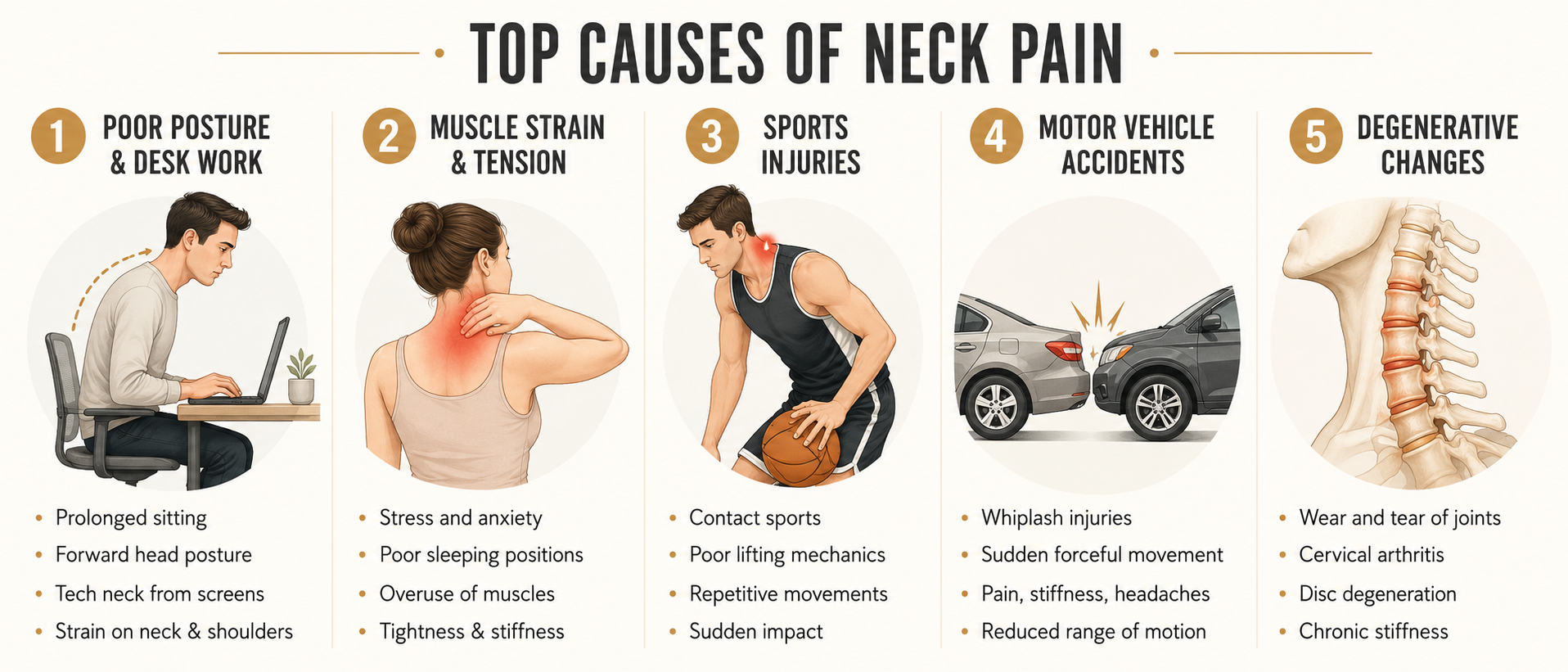 Infographic showing the top causes of neck pain, including poor posture, muscle strain, sports injuries, motor vehicle accidents, and degenerative cervical spine changes.