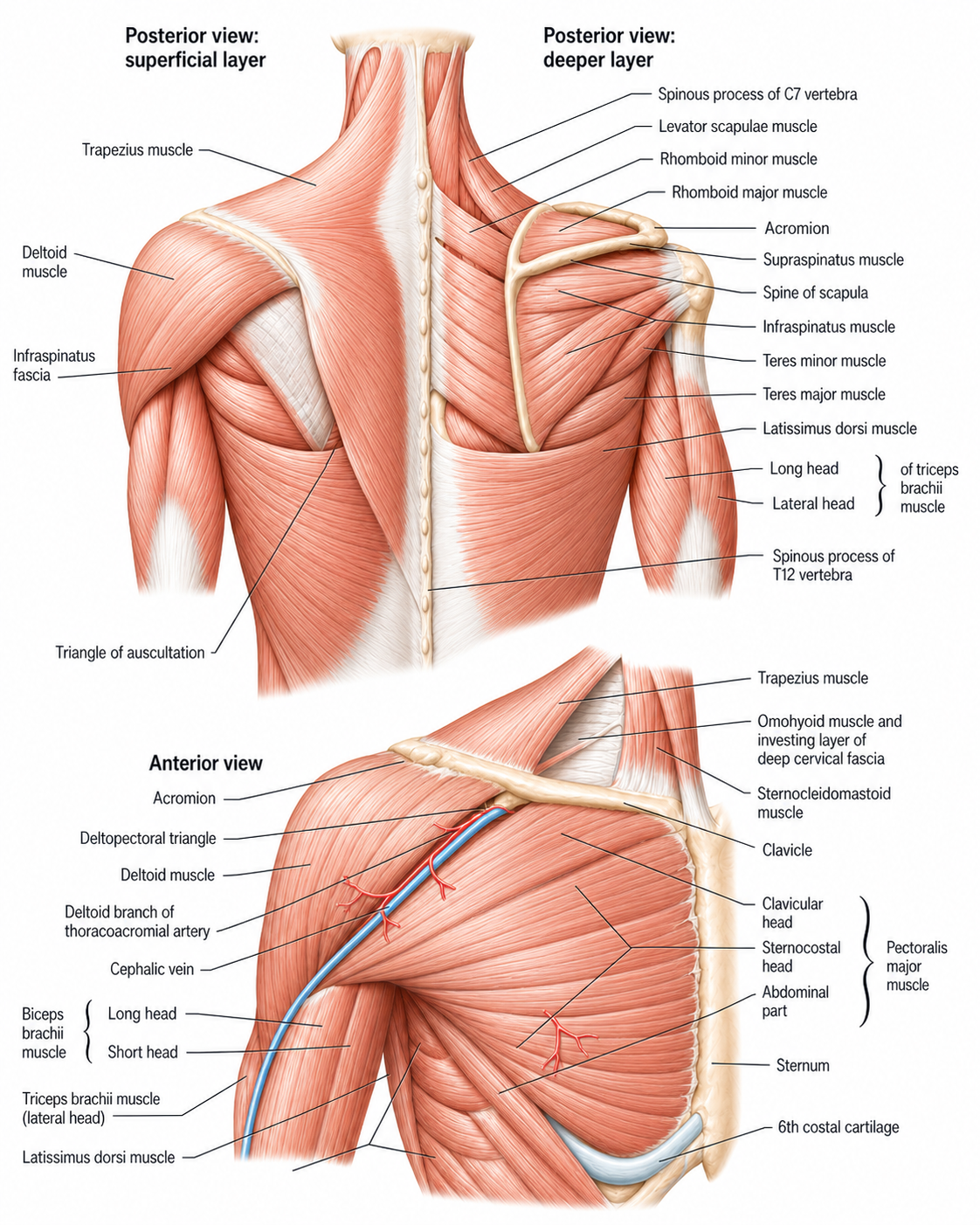 Shoulder muscle anatomy illustration showing posterior superficial, posterior deep, and anterior views of the rotator cuff, scapular, chest, and upper arm muscles.