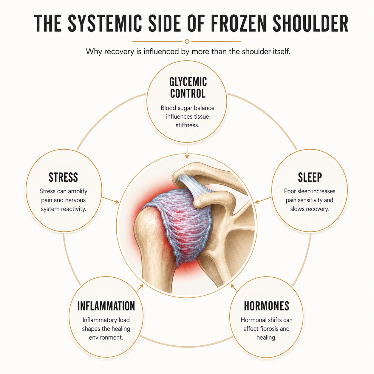 Infographic showing systemic factors that influence frozen shoulder recovery, including glycemic control, sleep, stress, hormones, and inflammation.