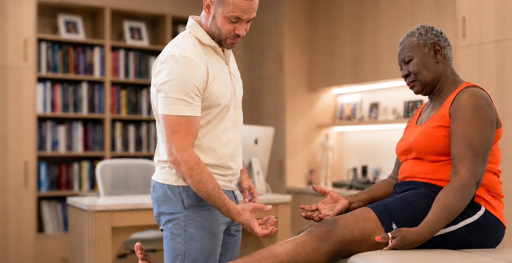 Clinician assessing an older patient's knee and lower-limb movement at ONE80 Health.