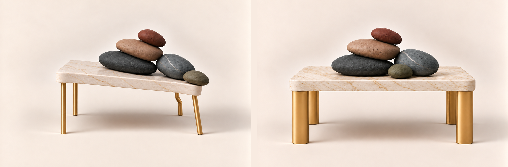 Two versions of the same stone table under the same five stones: one with a thin leg buckled and the top tilting, one with thick legs standing level.