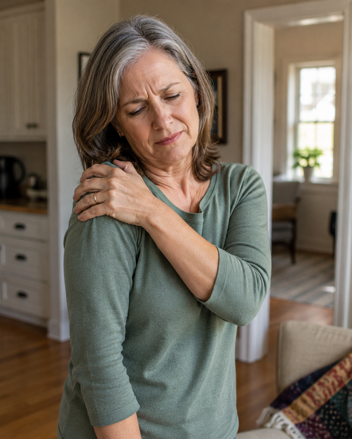 Woman holding her shoulder at home, showing the pain and limited movement often associated with frozen shoulder.