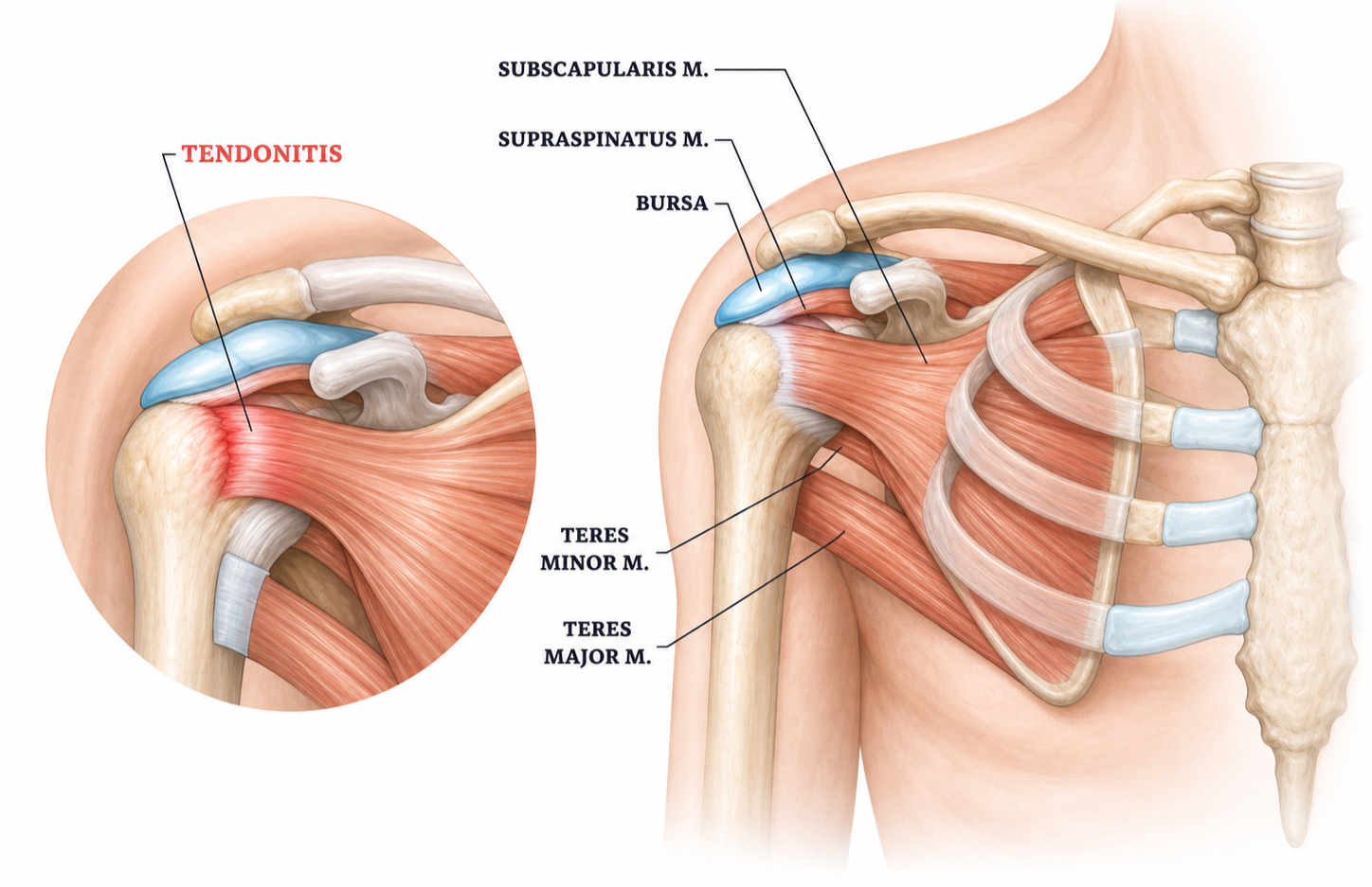 Rotator cuff tendinitis anatomy diagram showing inflammation near the supraspinatus tendon, bursa, humeral head, scapula, and surrounding shoulder muscles.