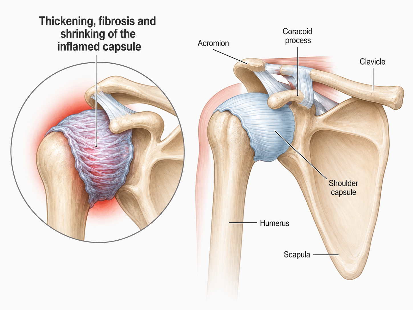 Anatomical illustration of frozen shoulder showing thickening, fibrosis, and shrinking of the inflamed shoulder capsule.