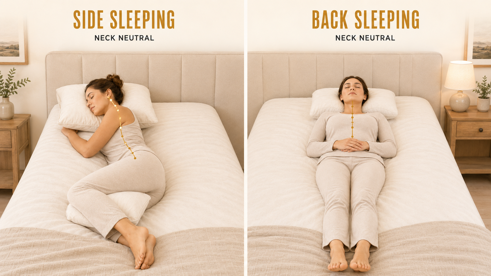 Illustration of supported side and back sleeping positions that help keep the head, neck, and spine in neutral alignment.