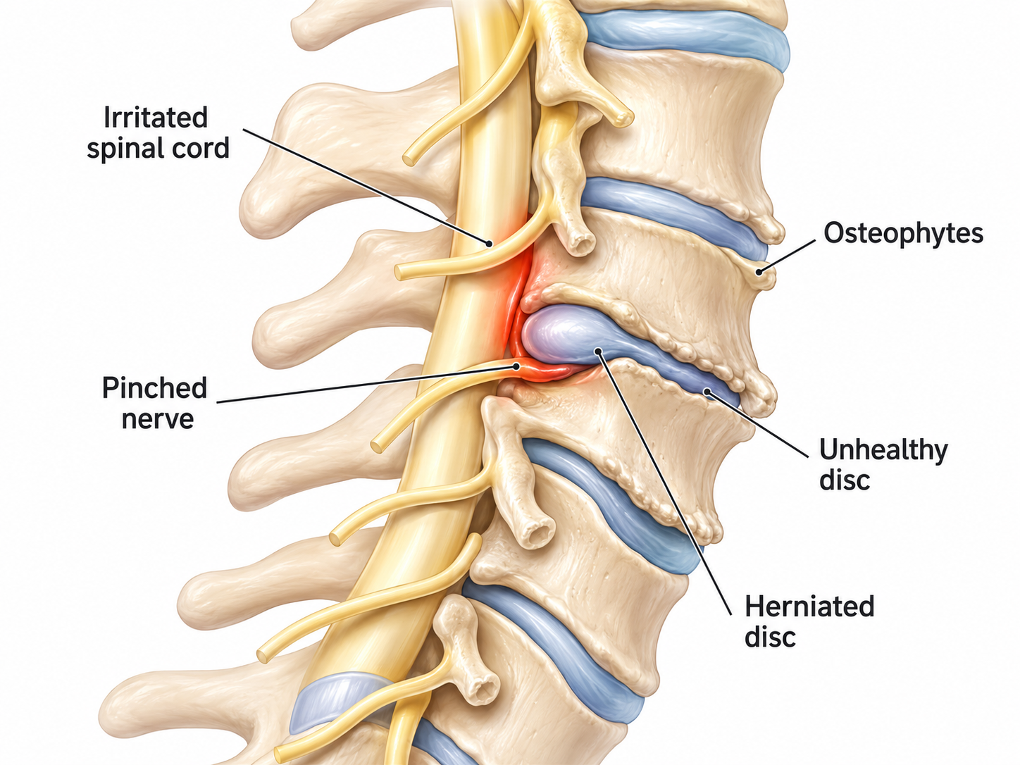 Medical illustration of the cervical spine showing a herniated disc, pinched nerve, irritated spinal cord, osteophytes, and an unhealthy disc.