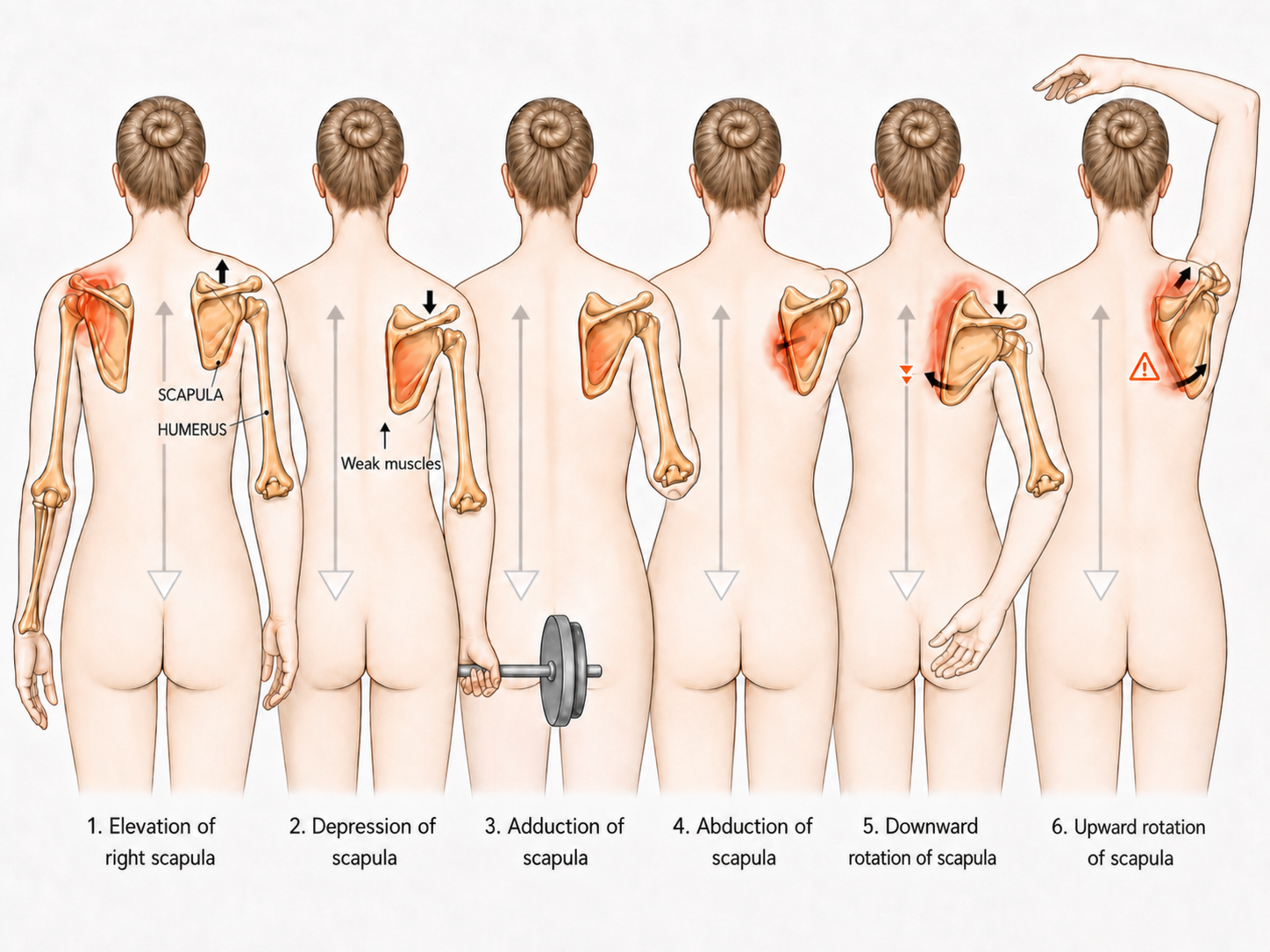 Medical illustration showing six scapular movement patterns, including elevation, depression, adduction, abduction, downward rotation, and upward rotation, with labeled scapula and humerus anatomy and highlighted areas of shoulder muscle involvement.