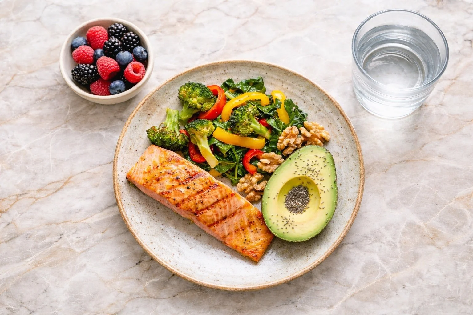 A balanced recovery plate showing protein, colourful vegetables, and healthy fats.