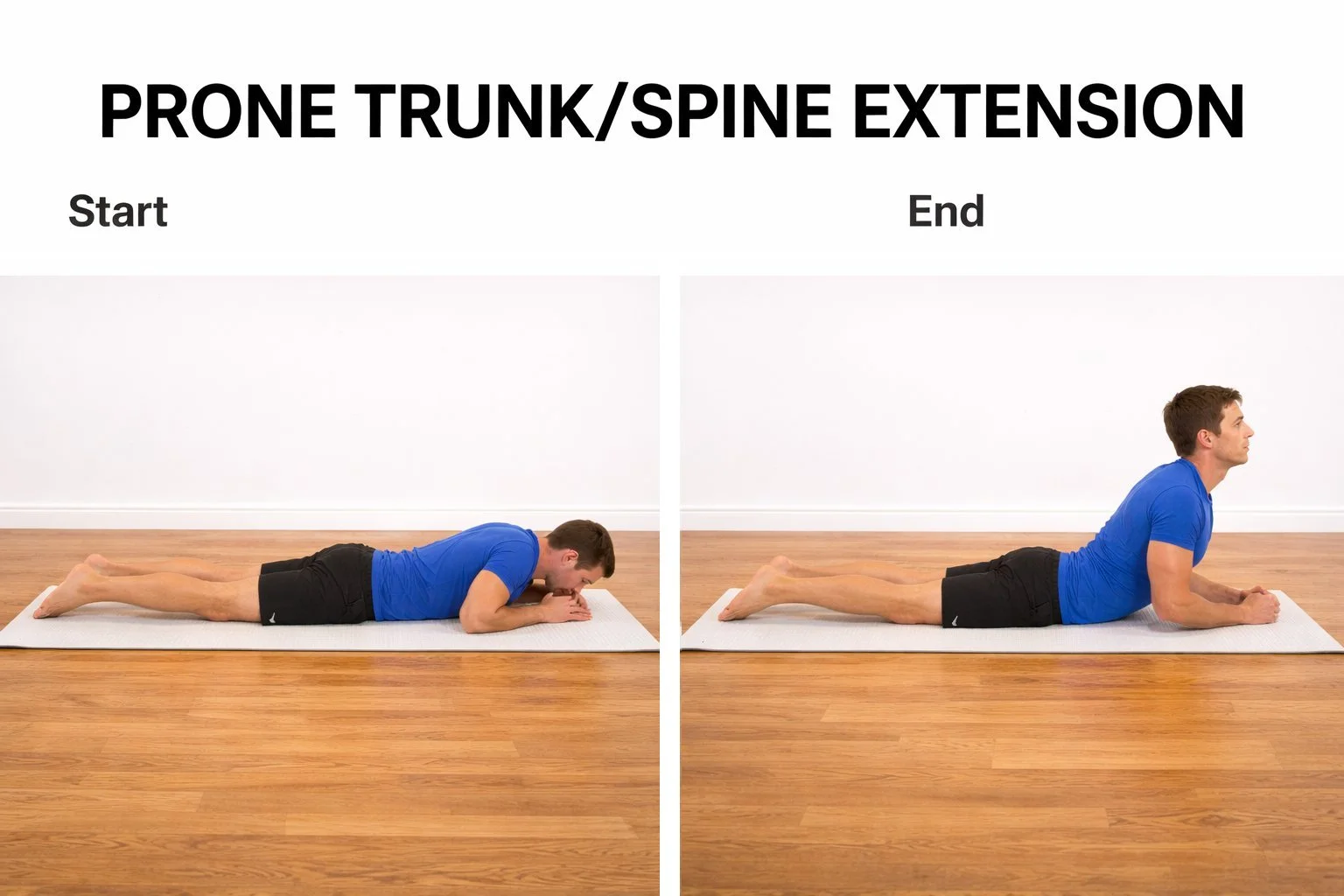 Prone trunk and spine extension exercise showing start and end positions on a mat, beginning face down and progressing to a supported forearm extension.
