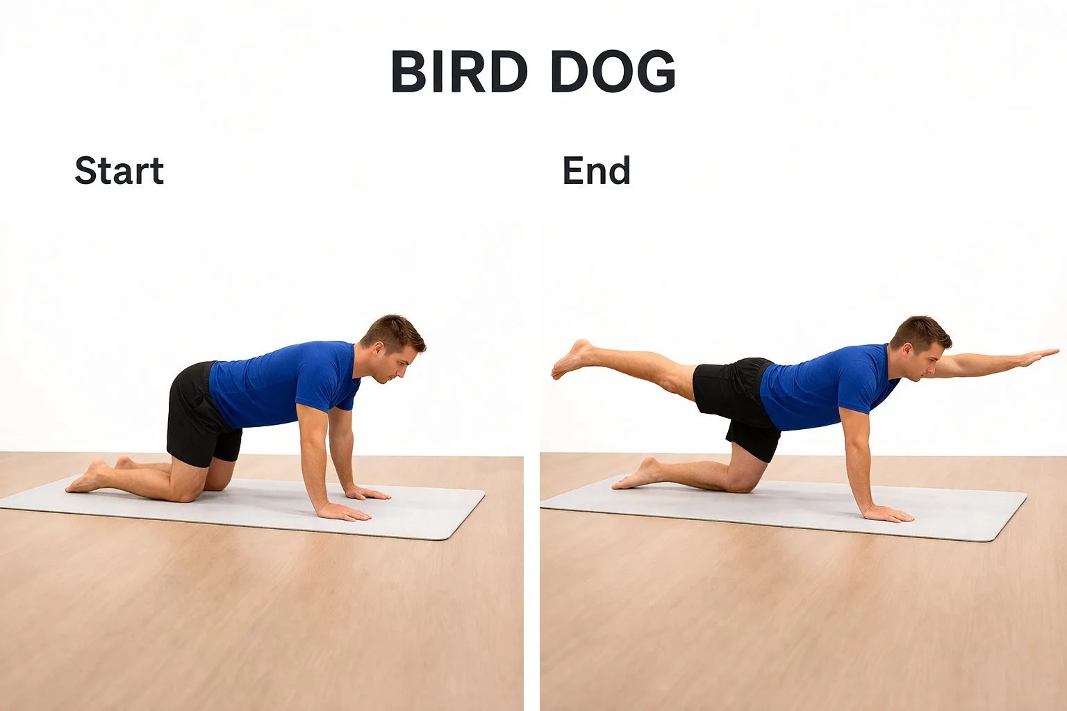 Bird dog, modified curl-up, and modified side plank exercises for acute low back pain stabilization.