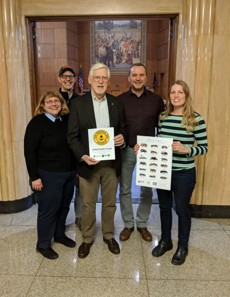 Members of the Oregon Bee Project Coordinating Committee alongside Representative Reardon at the Oregon State Capitol. From left to right: Rose Kachadoorian, ODA, Andony Melathopoulos, OSU, Representative Jeff Reardon, District 48, Clint Burfitt, ODA, and Christine Buhl, ODF.