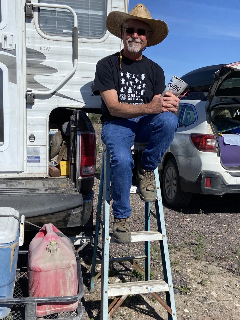 David Schiappa warming up outside his rig.