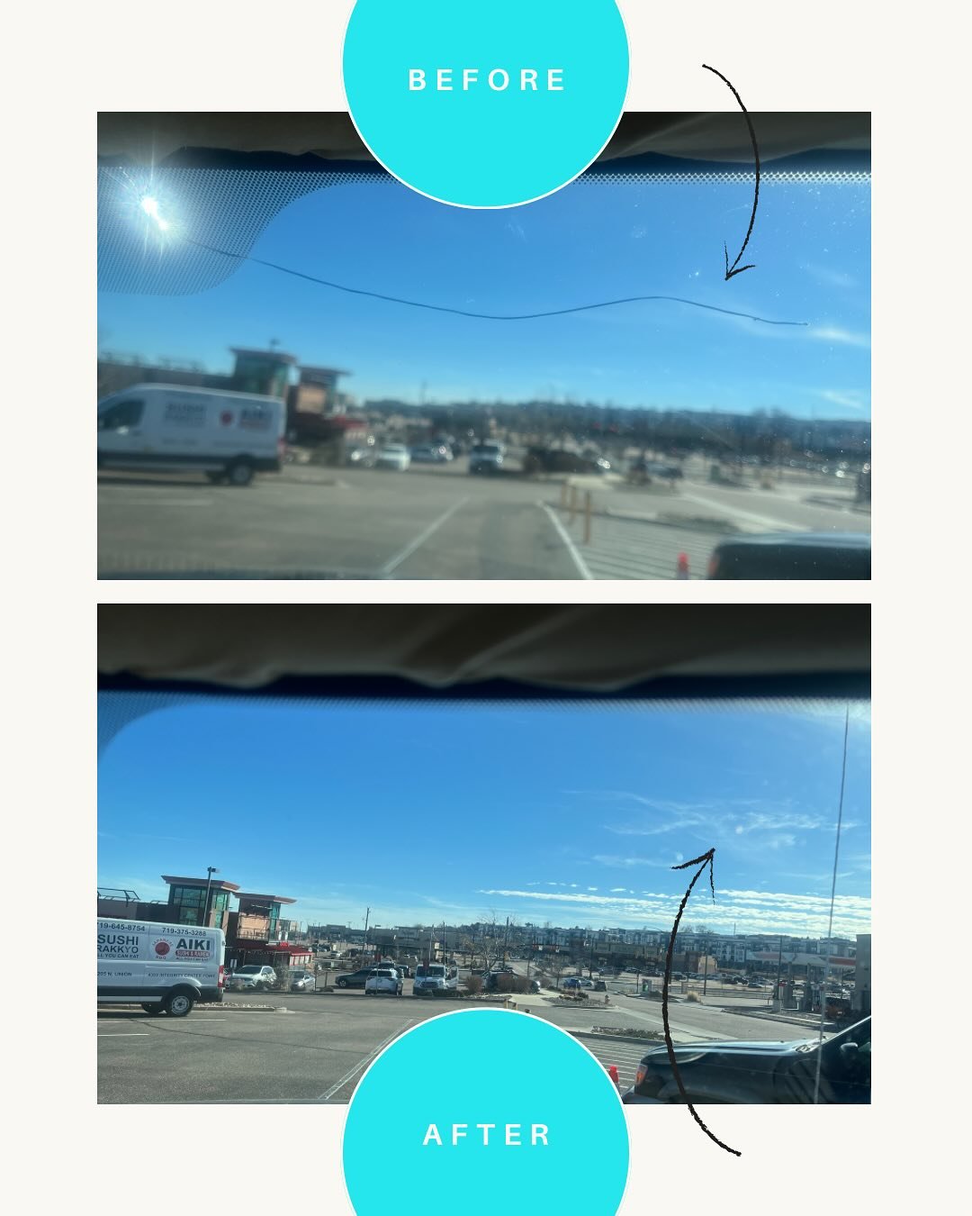 Here&rsquo;s an inside and outside view of an approximately 18&rdquo; crack repair on the passenger side of a Ford Explorer. The chip originally hit behind the rear view mirror which unfortunately obscured it until the crack grew.