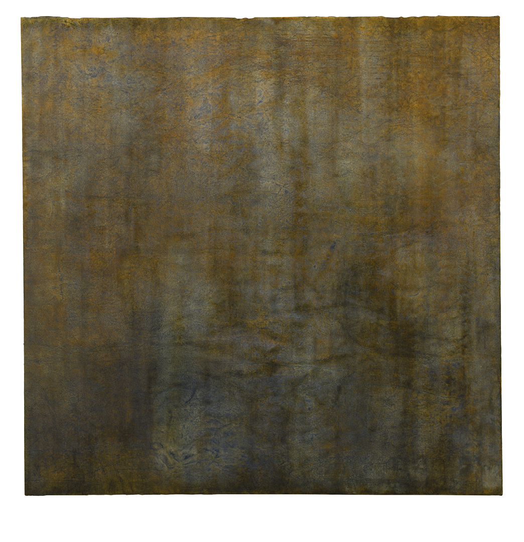 Untitled, oil, ochre pigments, indigo, sea water on mulberry paper on canvas, 3’x3’