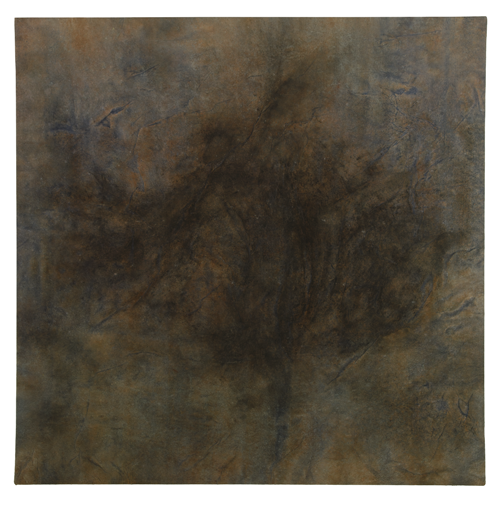 Untitled, soil, charcoal, ochre pigment, dragon’s blood, copper oxide, indigo, sea water on mulberry paper on canvas