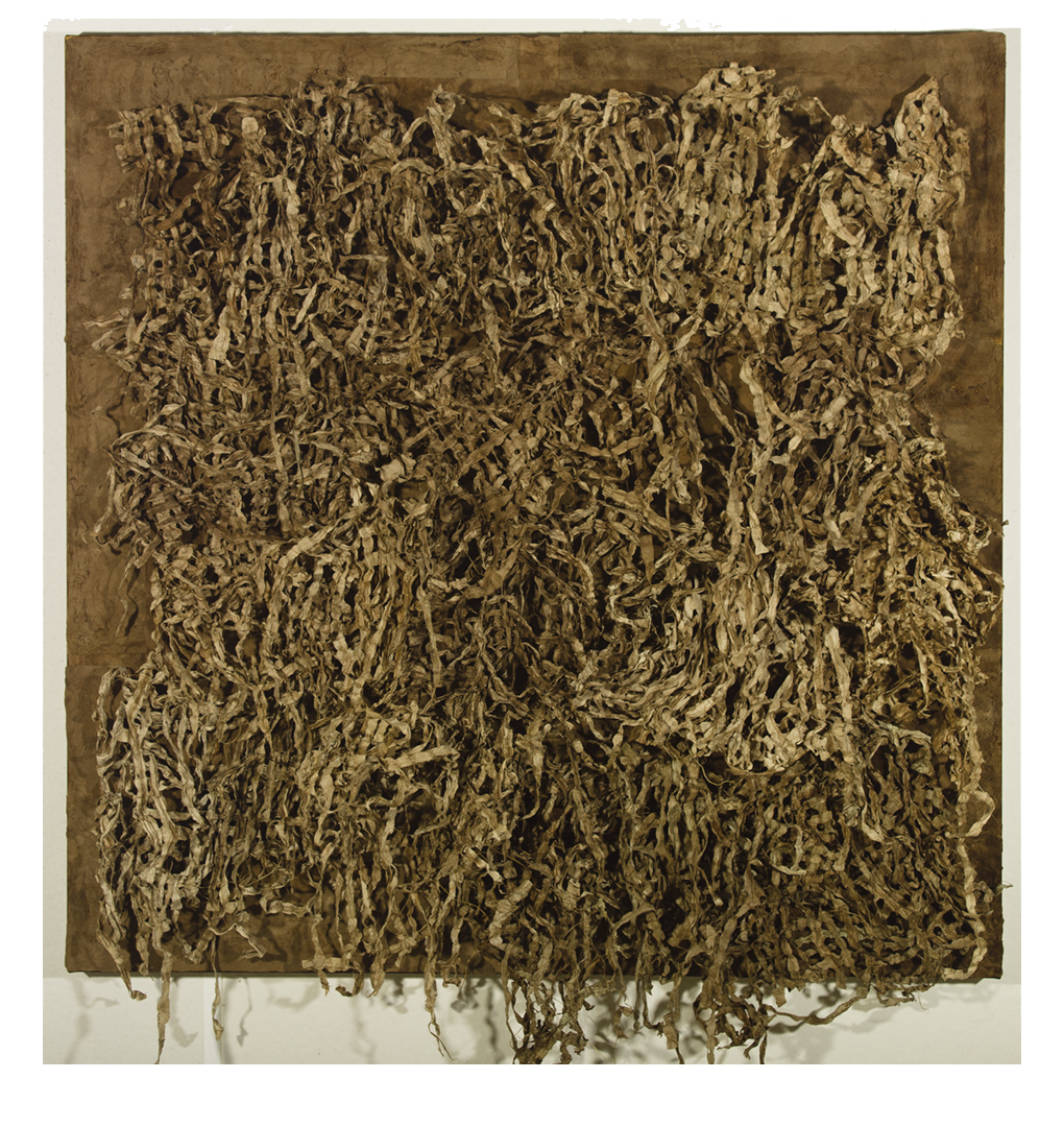 Untitled , amate paper, walnut ink on canvas, 4’x4’