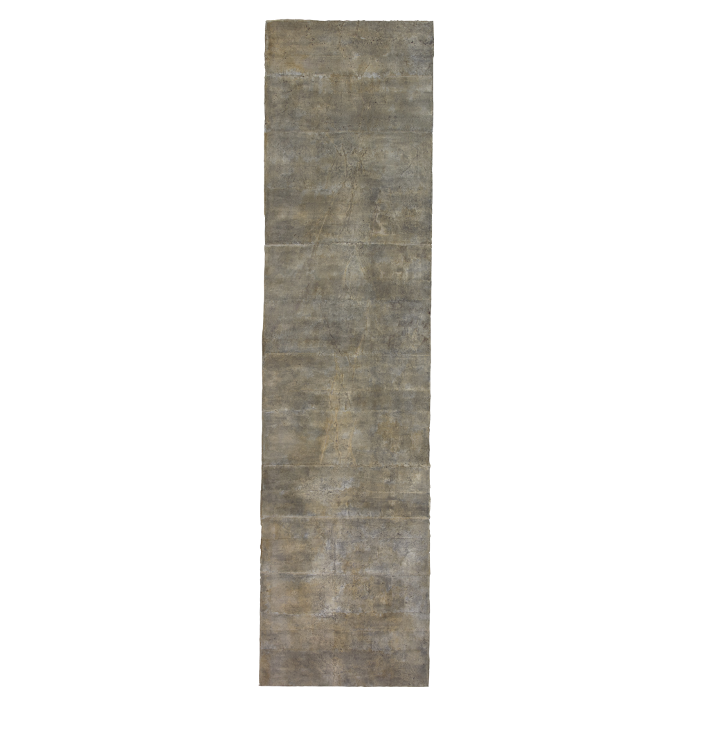 Confine 8 , earth and plant pigments, indigo, soil, & sea water on paper, 18” x 36”, 2018