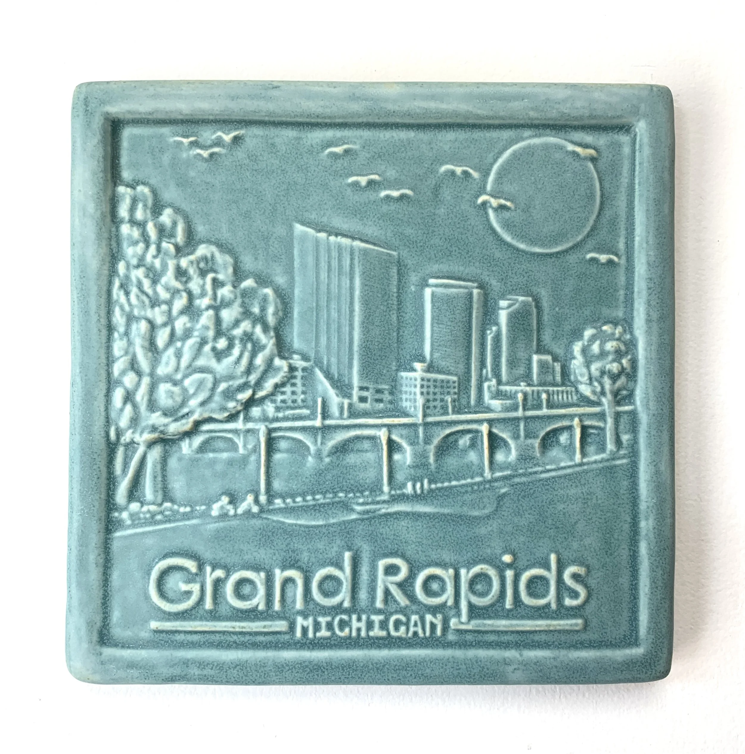 Grand Rapids Michigan Art Tile in Bermuda Aqua glaze  by Whistling Frog Tile Company