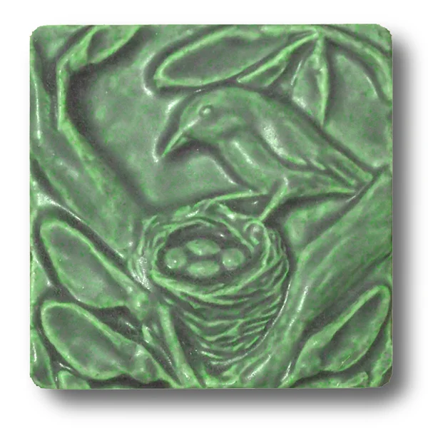 Bird with Nest art tile in Leaf Green glaze