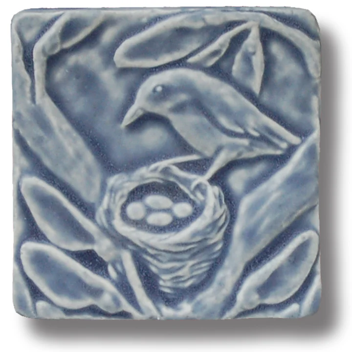 Bird with Nest Art Tile in Smoky Blue glaze