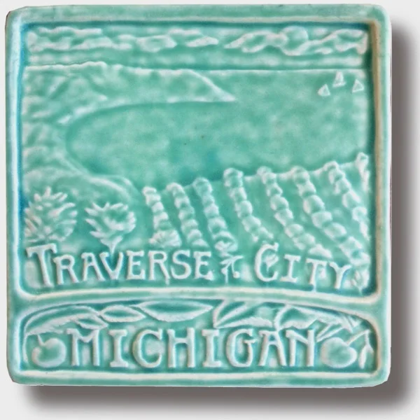 Traverse City Ceramic Art Tile in Bermuda Glaze 6x6 inches. Hand made in Michigan.