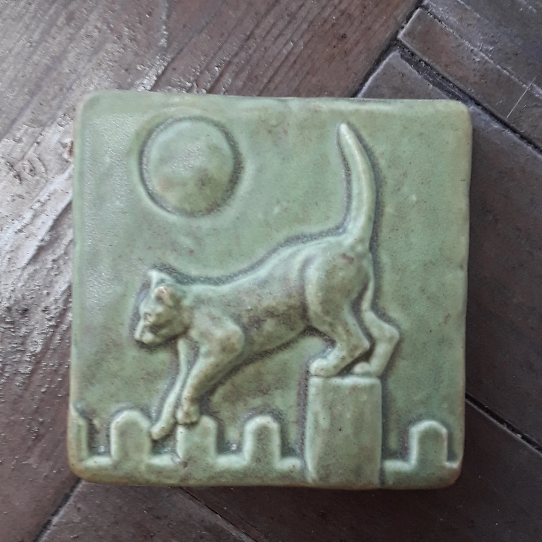Cat on Fence with Moon Art Tile in Oak Hill Glaze -Whistling Frog Tile