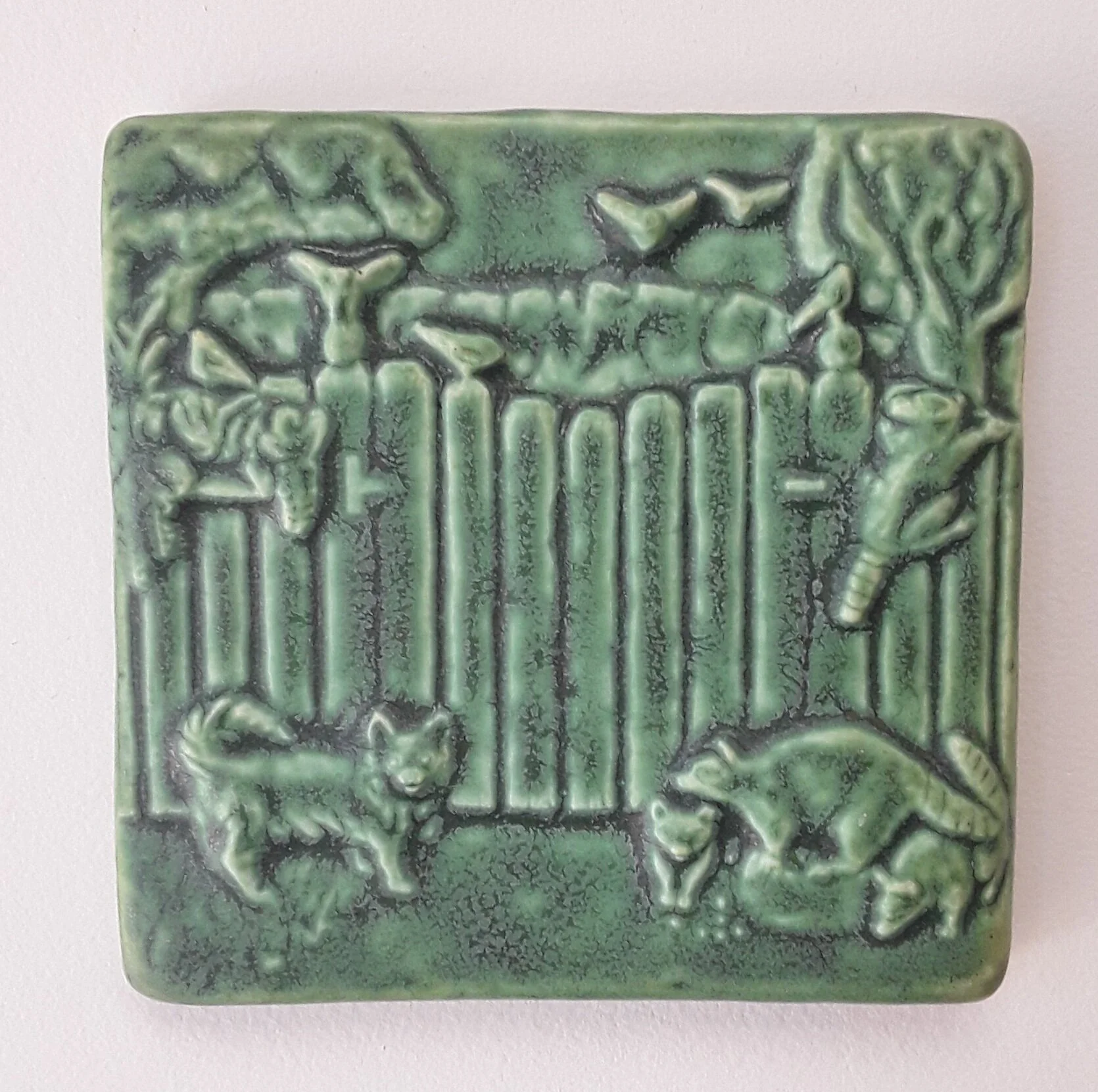 Dog with Raccoons Art Tile