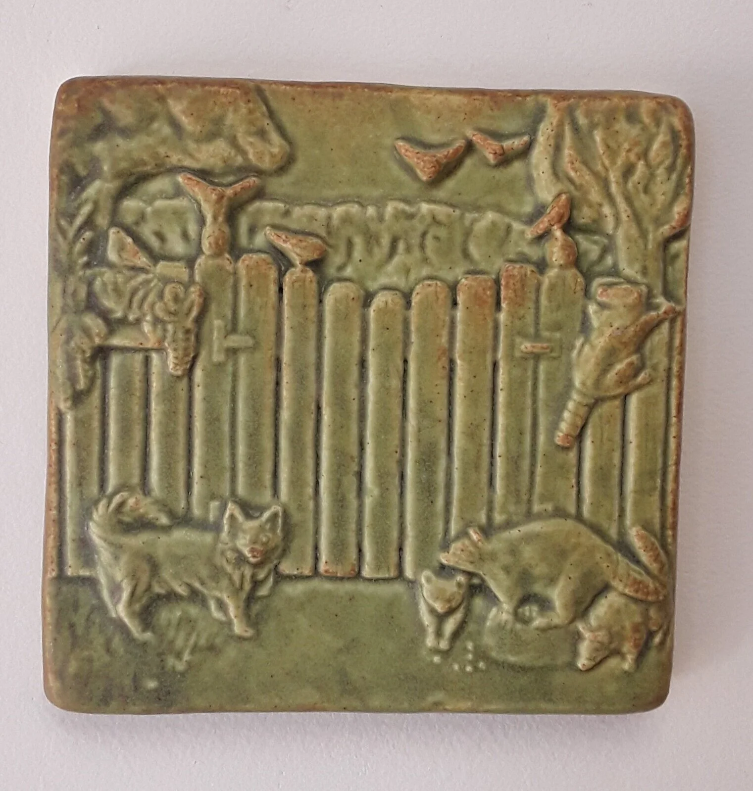 Dog with Raccoons Art Tile