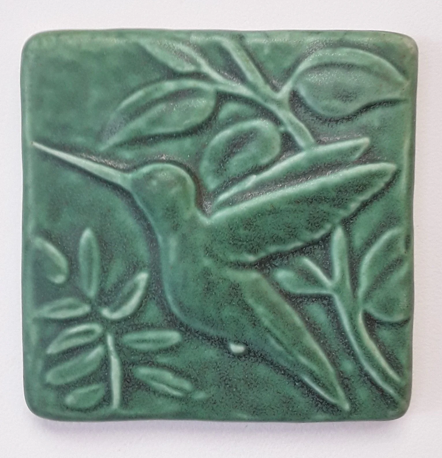 Hummingbird  Ceramic Art Tile in Leaf Green glaze. Hand made in US - Michigan.