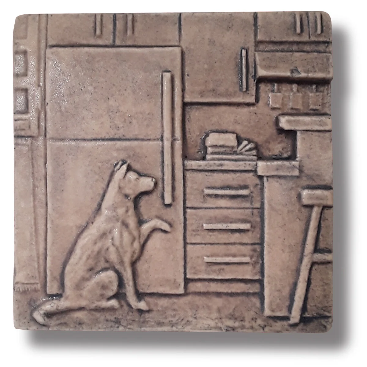 Dog At Fridge Art Tile_Whistling Frog Tile_Sepia Glaze