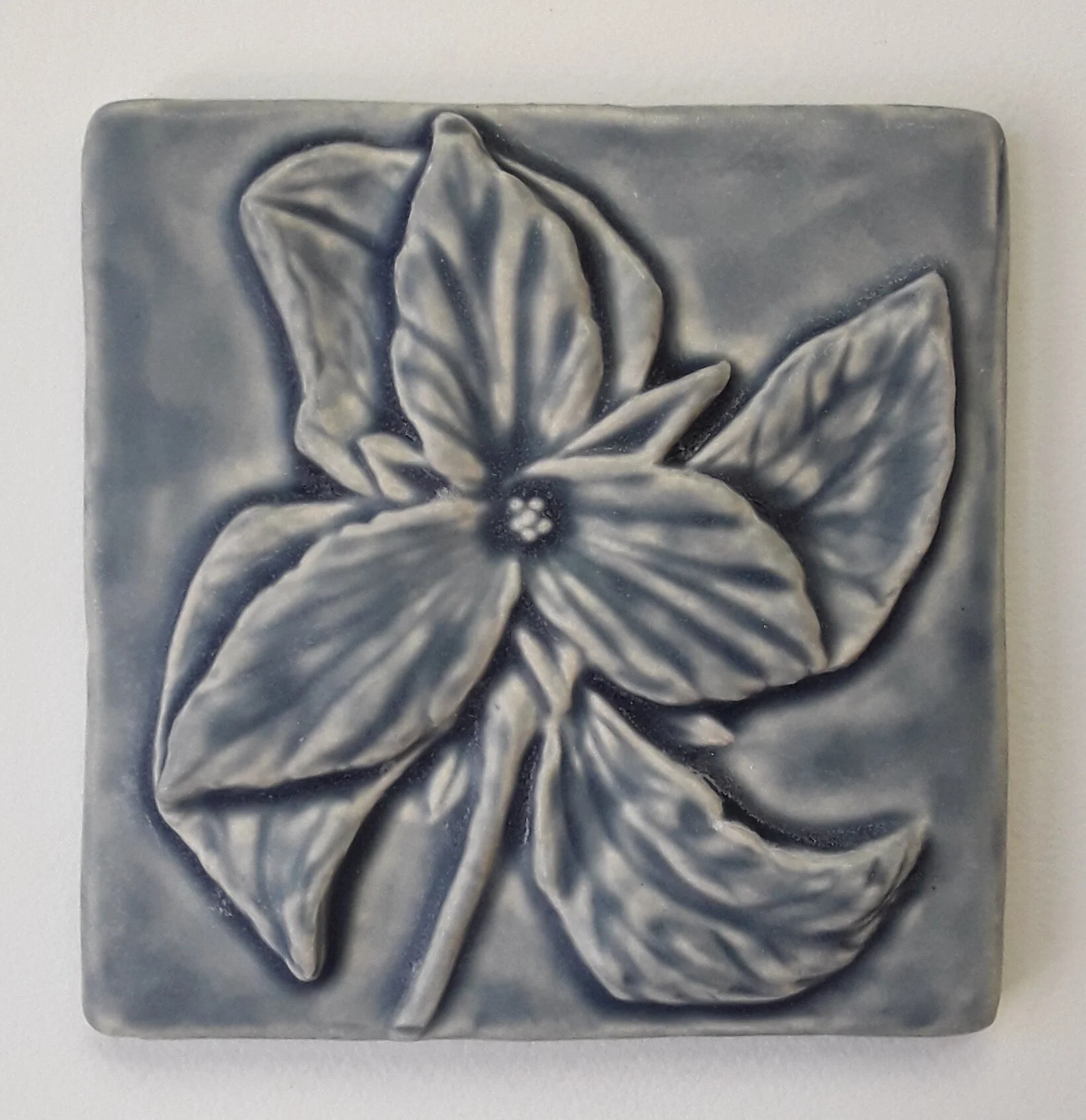 Smoky Blue glaze by Whistling Frog Tile Trillium Tile Craftsman Style wall art cottage core decor hand made in Michigan Trillium Art