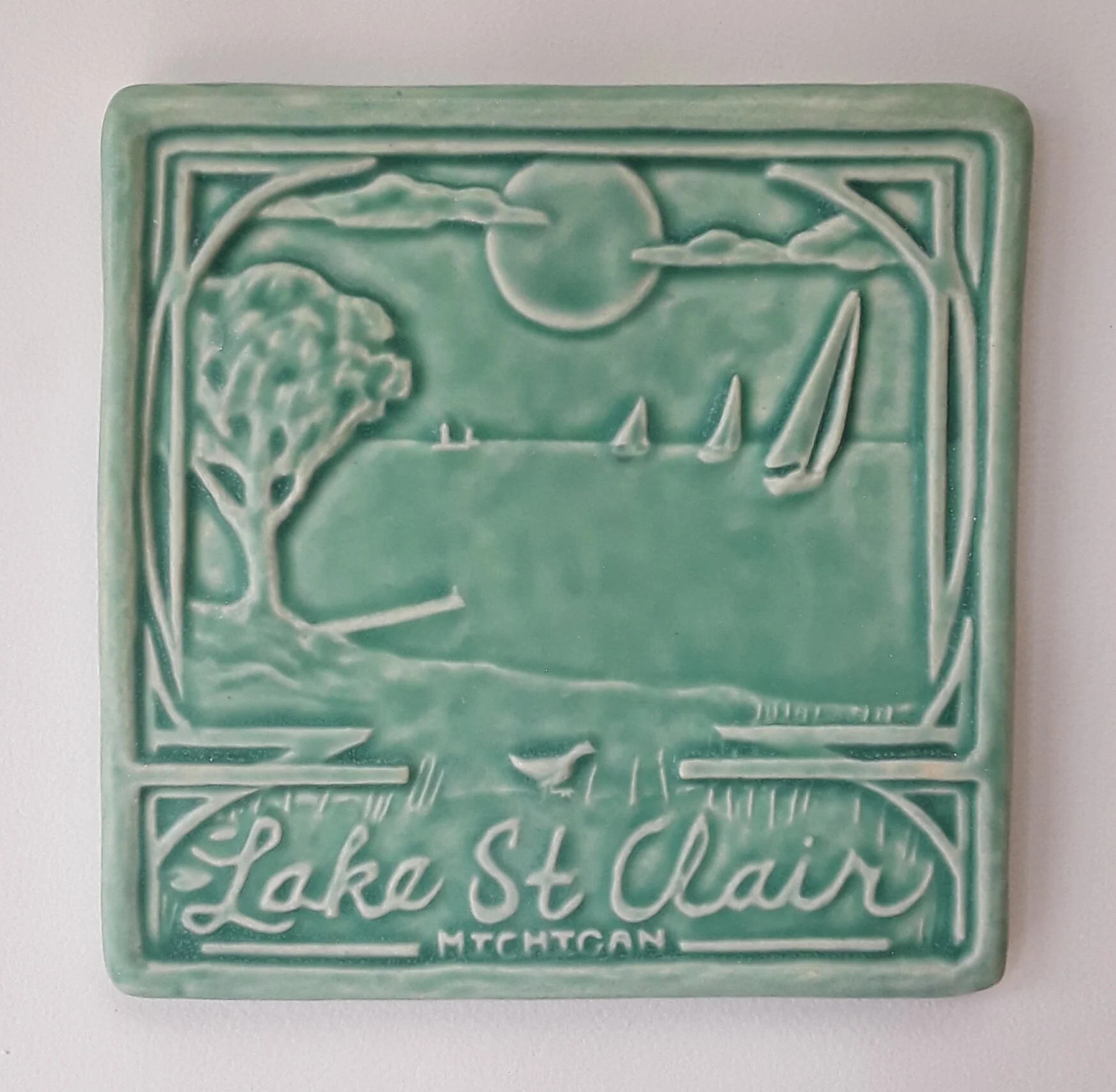 Lake St. Clair Art Tile in Bermuda Aqua glaze by Whistling Frog Tile Company