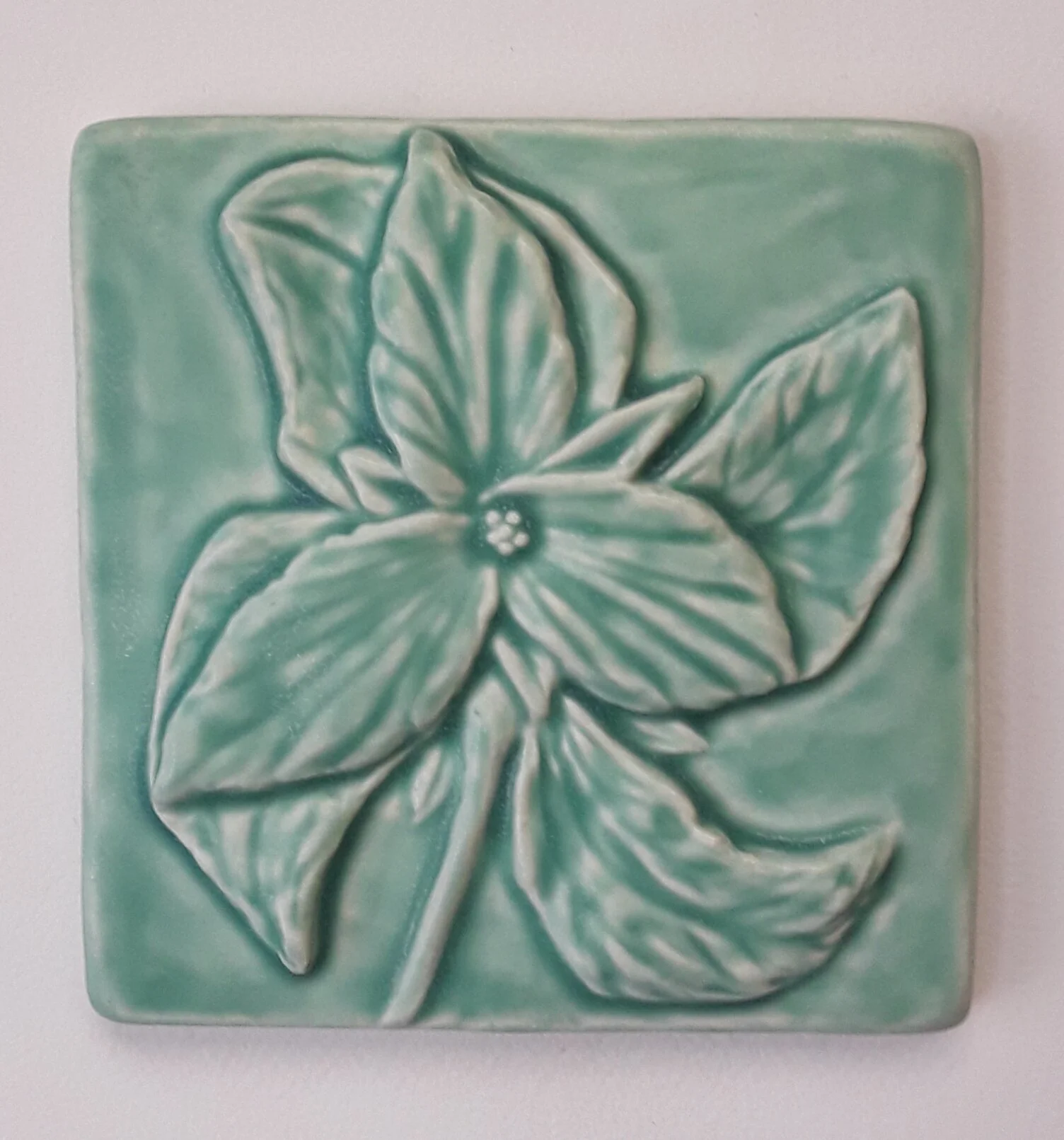 Bermuda Aqua glaze by Whistling Frog Tile Trillium Tile Craftsman Style wall art cottage core decor hand made in Michigan Trillium Art