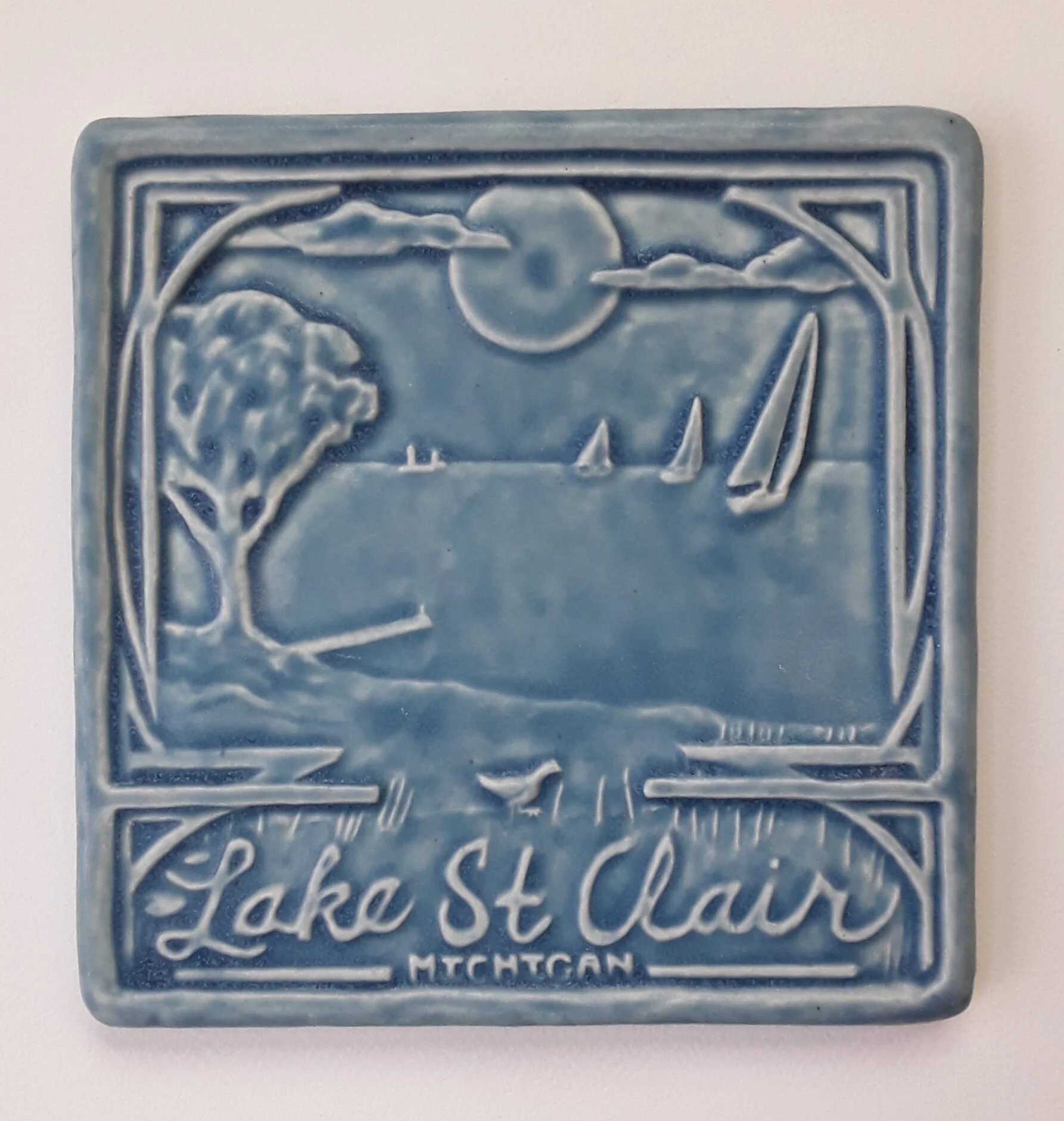 Lake Saint Clair Michigan Art Tile in Freshwater Blue glaze by Whistling Frog Tile Company