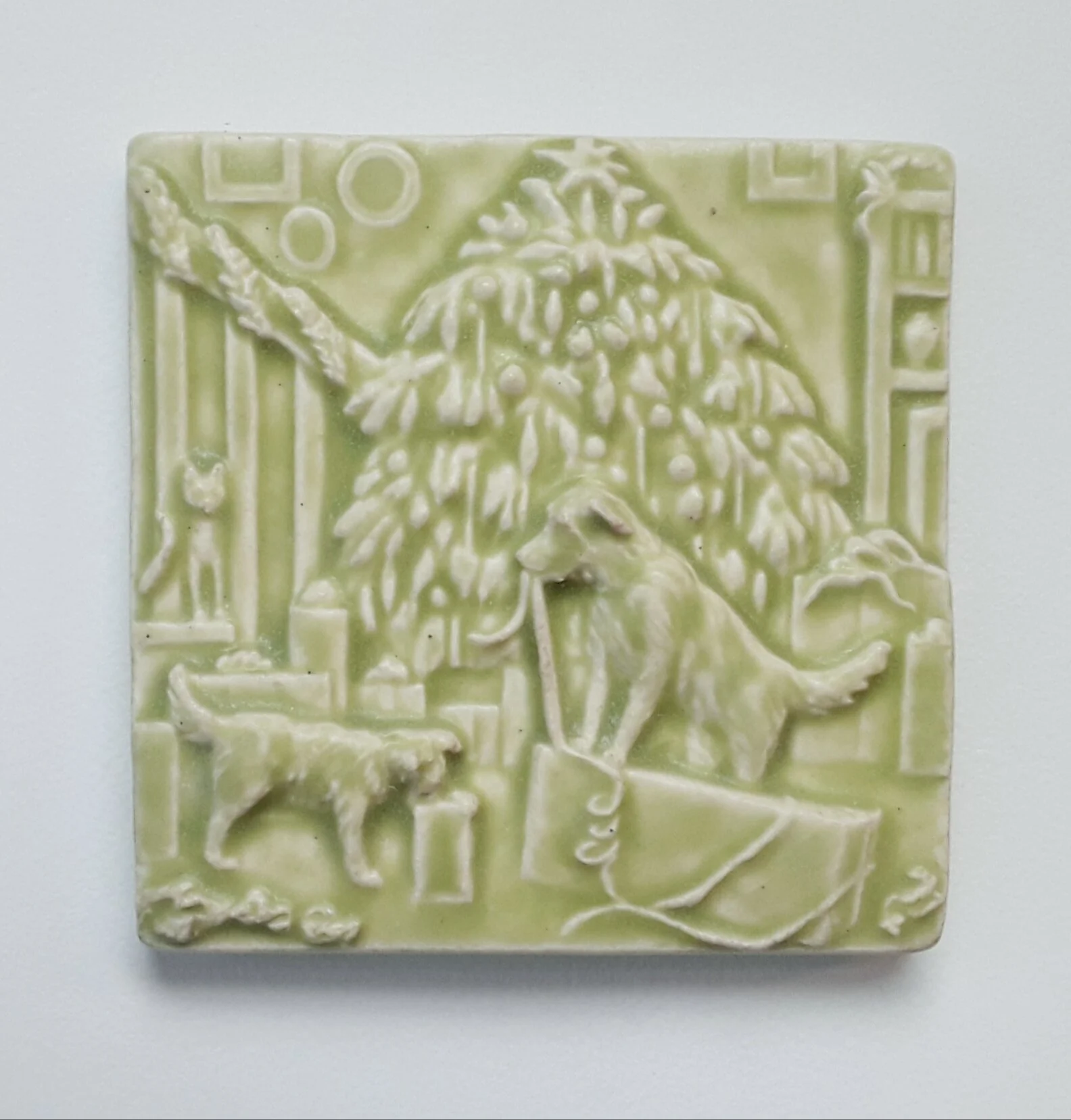Dogs Open Presents Art Tile handmade in US - Michigan