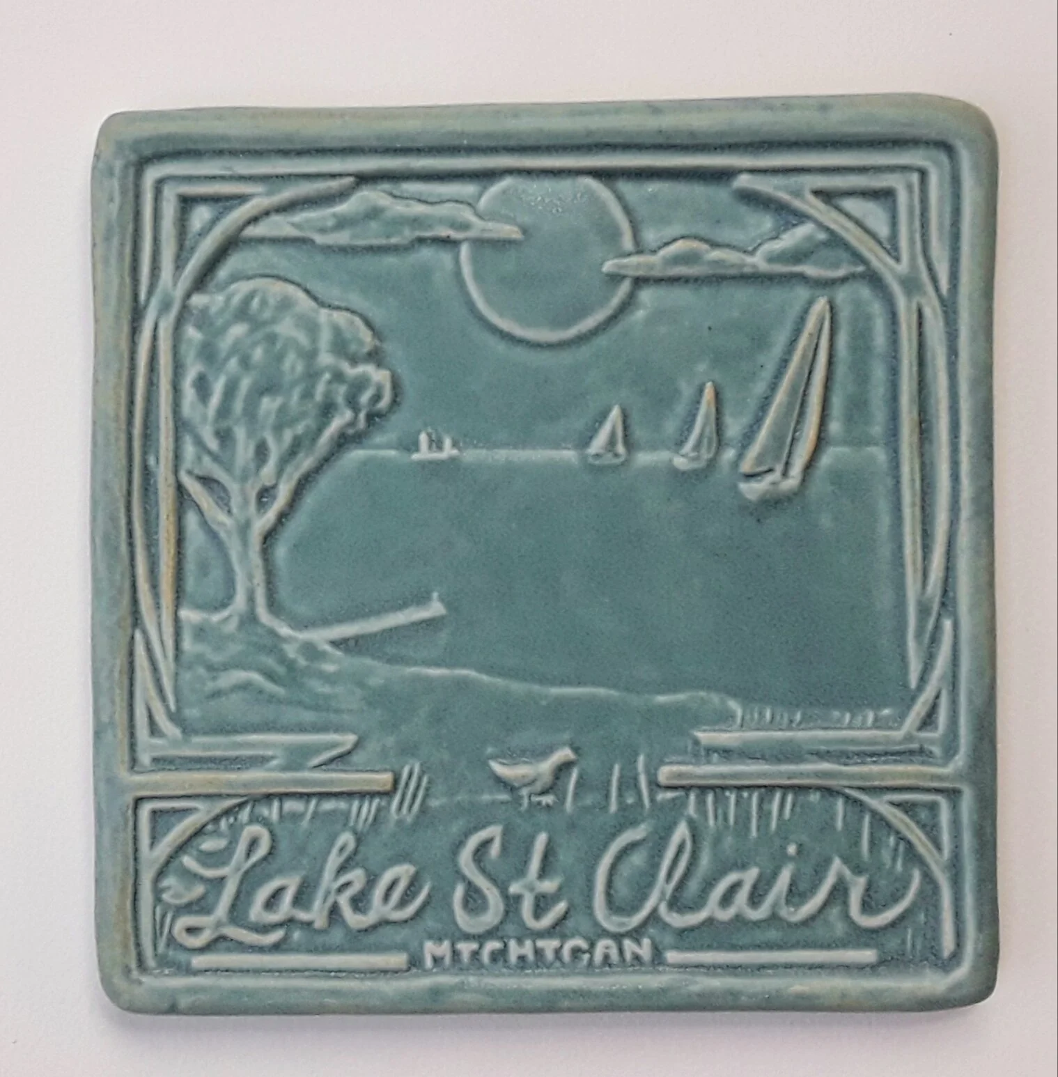 Lake St Clair art tile in Seaside Blue glaze by Whistling Frog Tile Company