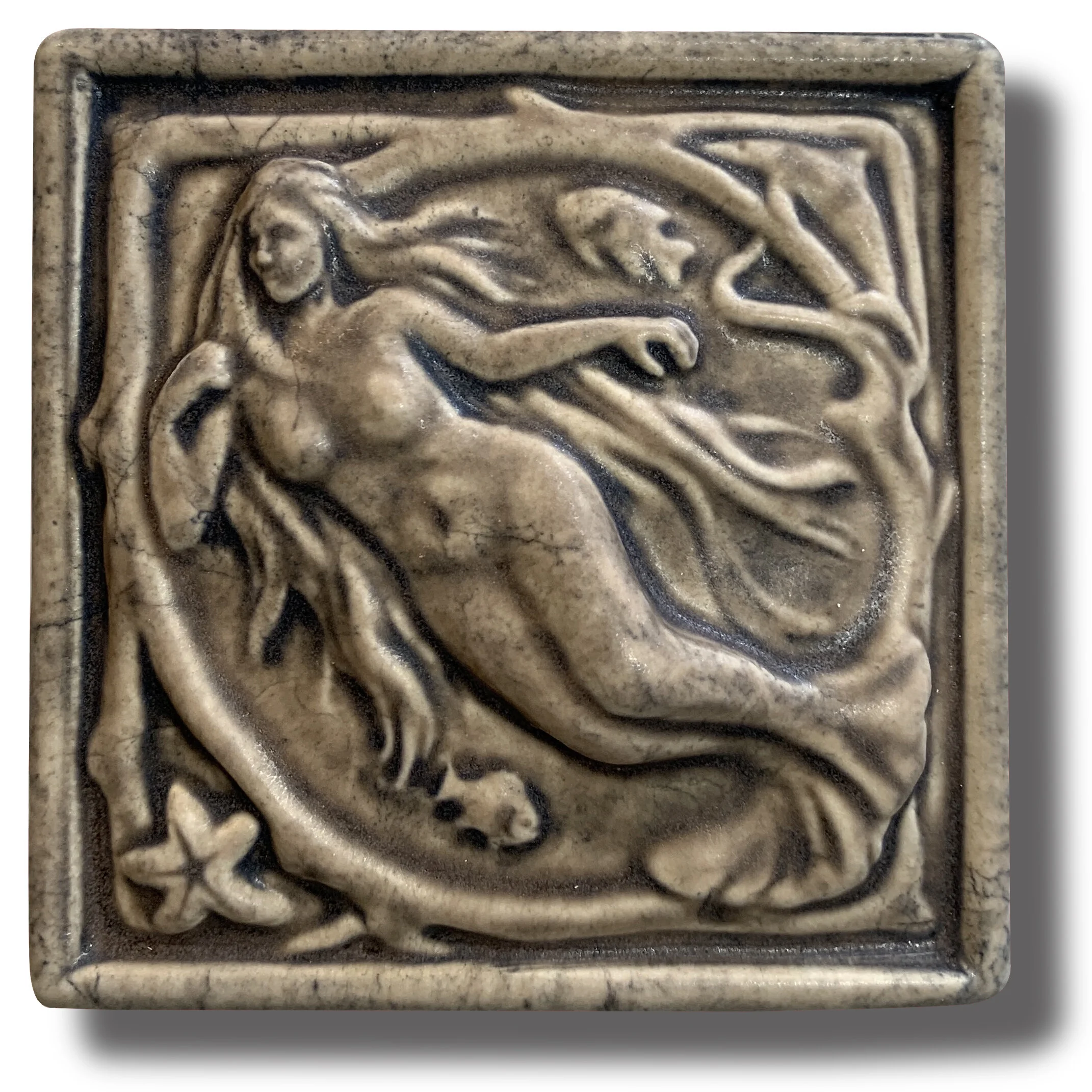 Mermaid Art Tile Sepia Brown Glaze Michigan Mermaid Gift Michigan Art Mermaid Tile on a stand, Perfect Nautical Gift for Beach House Decor