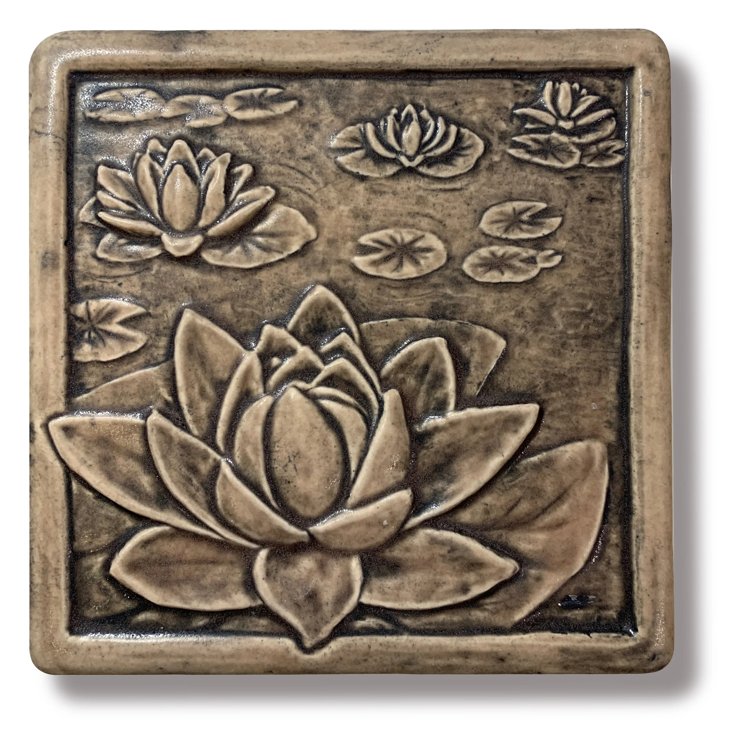 Sepia Brown Glazed Water Lily Art Tile Lotus tile, waterlily tile, pond theme, kitchen tile, whistling frog tile, lily tile