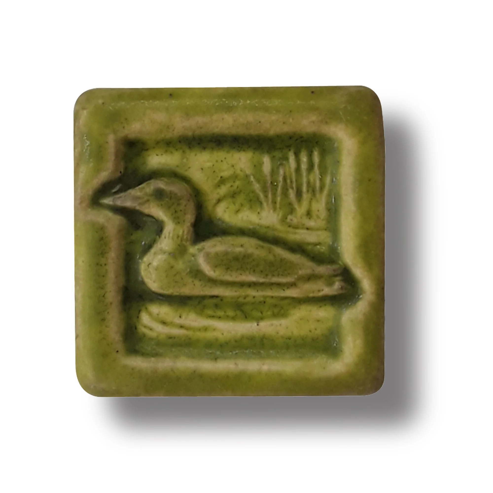 Loon Ceramic Art Tile in Tree Frog Glaze. Hand made in Michigan 2x2 inches
