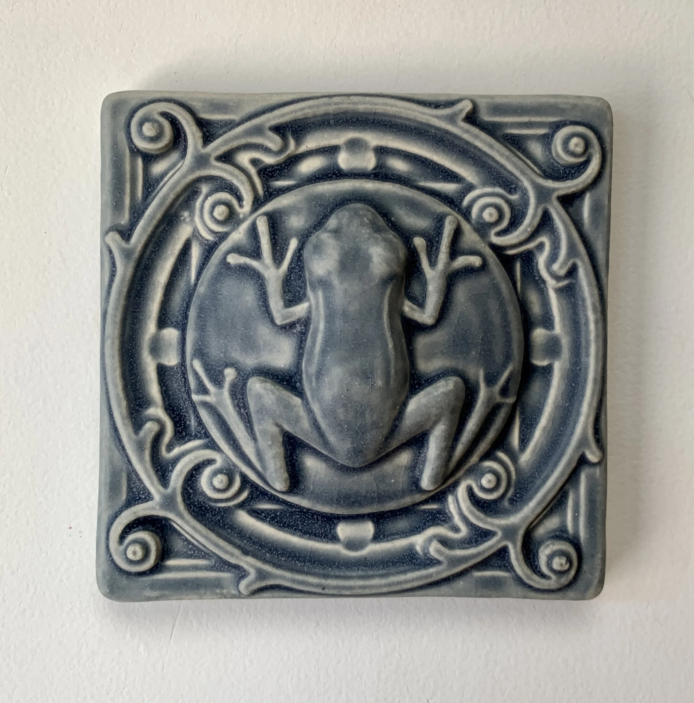 Tree Frog Ceramic Art Tile in Smoky Blue Glaze. Hand made in Michigan 4x4 inches.