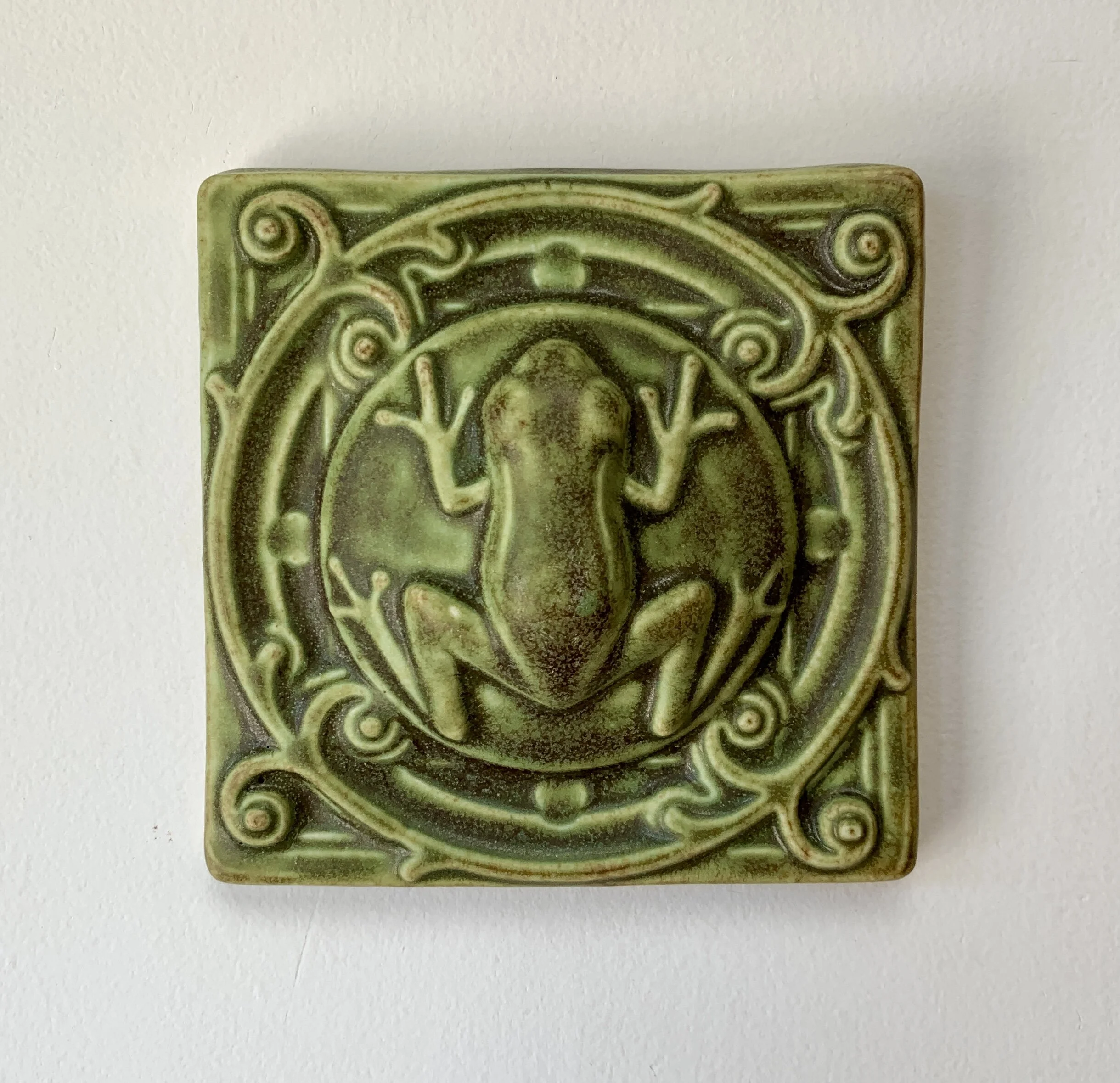 Tree Frog Ceramic Art Tile in Oak Hill Green Glaze. Hand made in Michigan 4x4 inches.