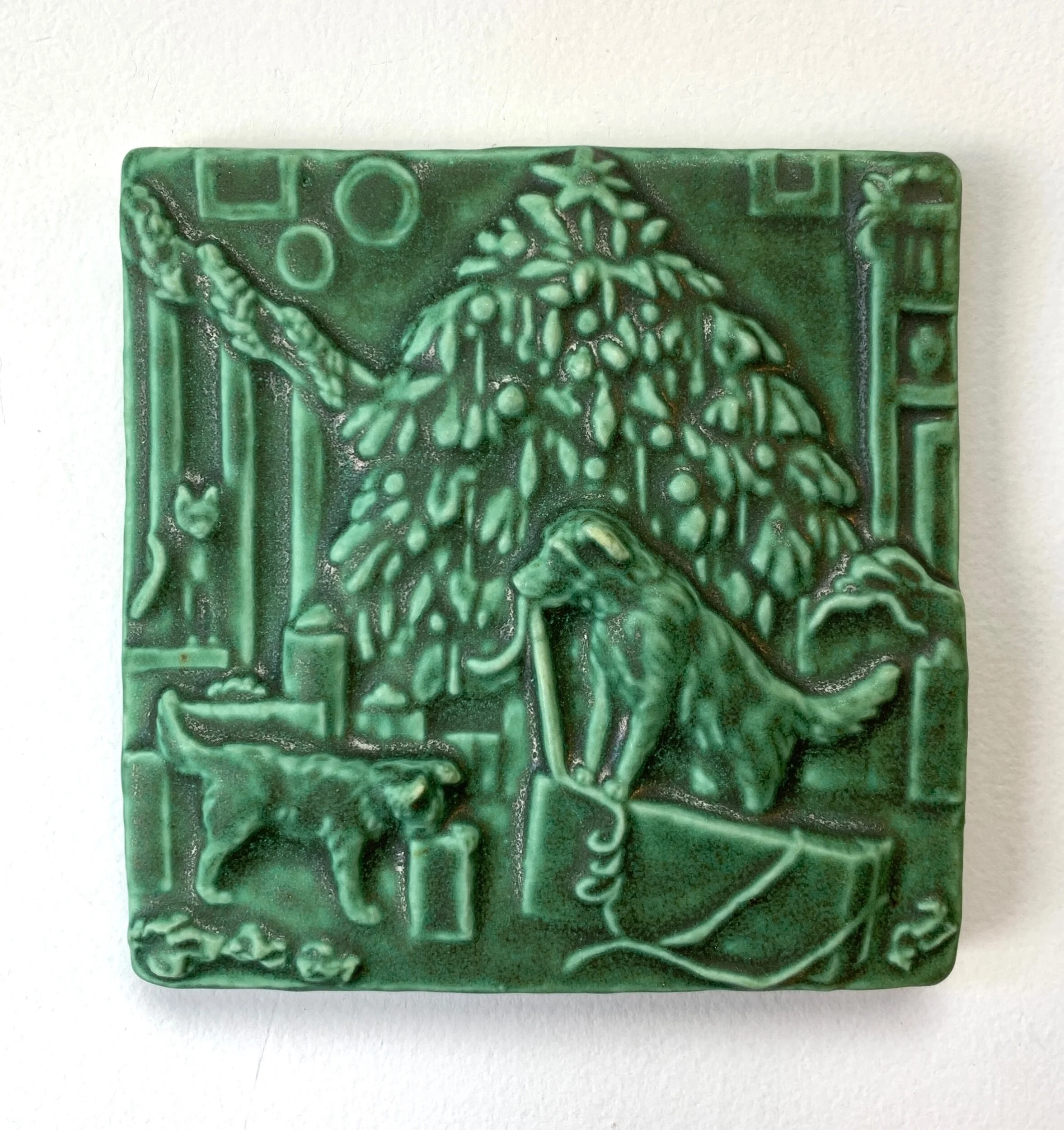 Dogs open Presents 4x4" Tile in Leaf Green Glaze