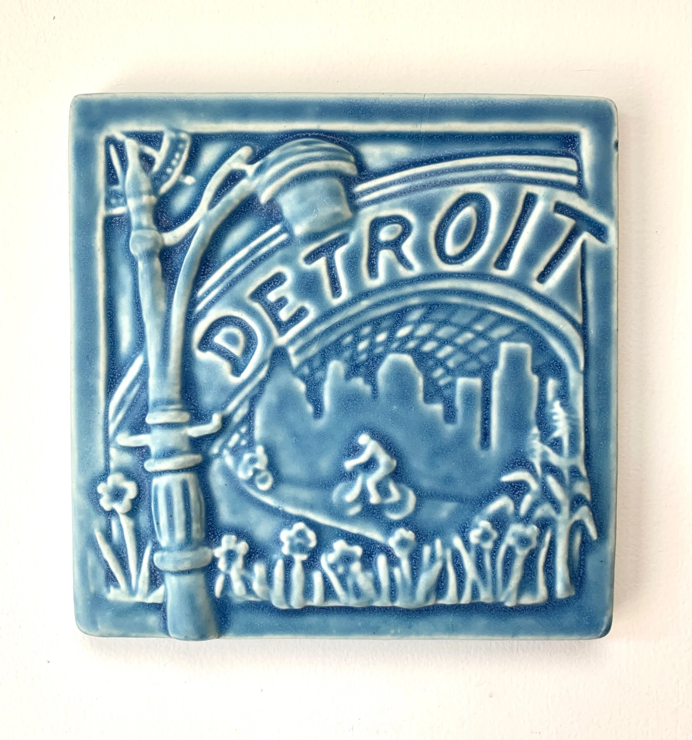 Handmade 6x6 porcelain Detroit Art Tile, Michigan-made ceramic accent for kitchen backsplash installation, waterproof Detroit themed home decor.