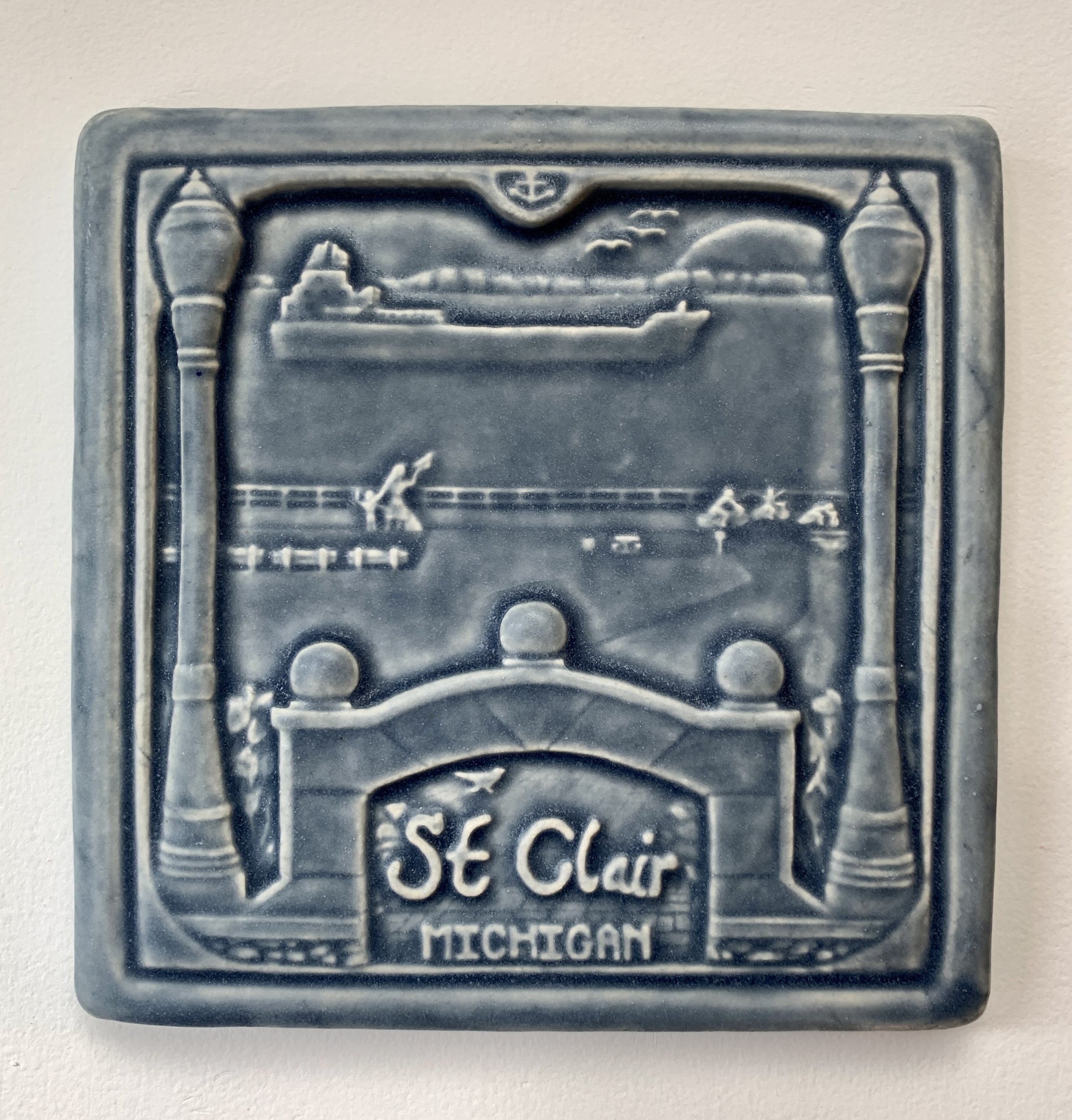 St. Clair Michigan Art Tile_Whistling Frog Tile_Smoky Blue Glaze_6x6 inches