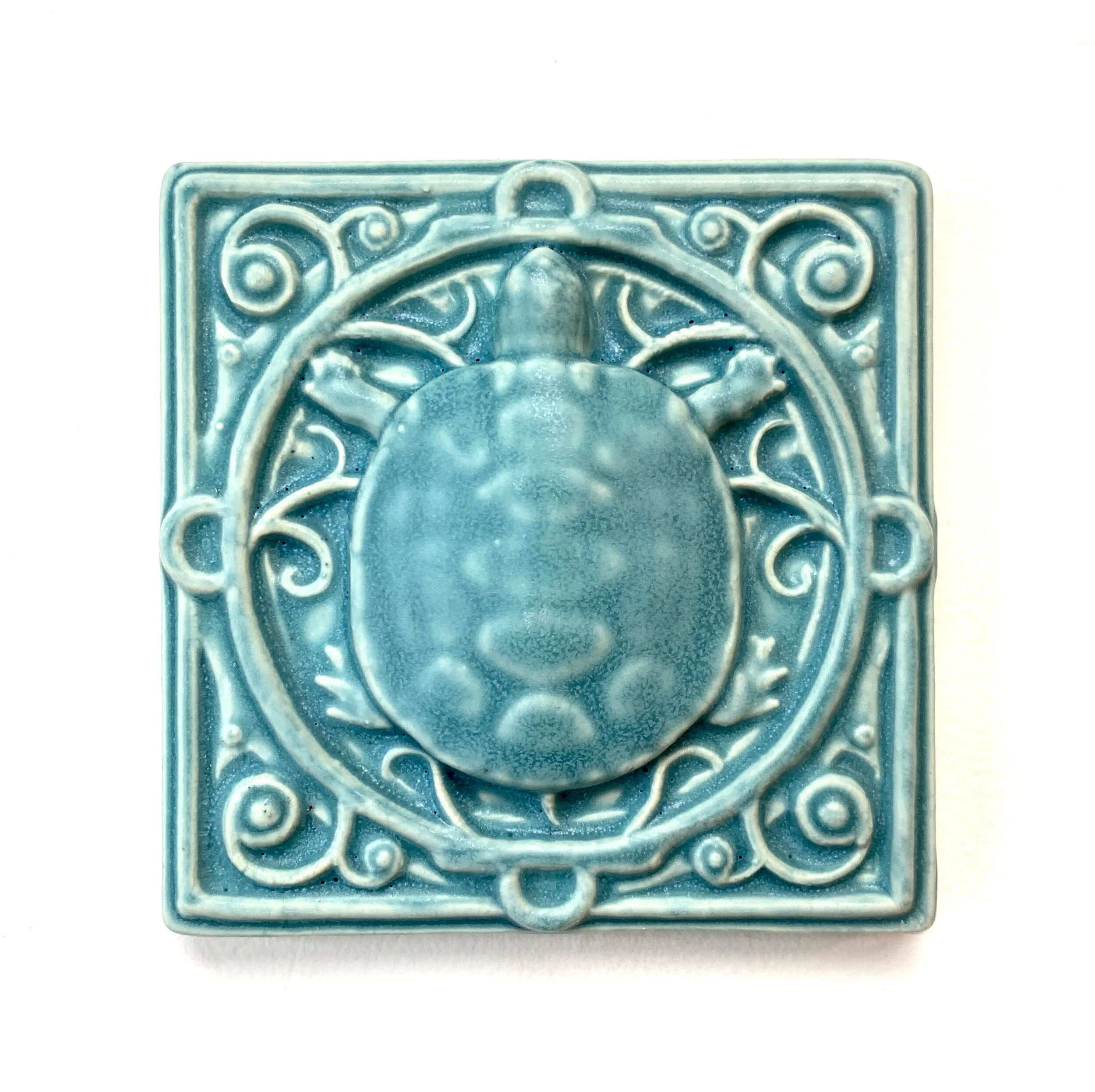 Painted Turtle TIle in Seaside Blue Glaze by Whistling Frog Tile