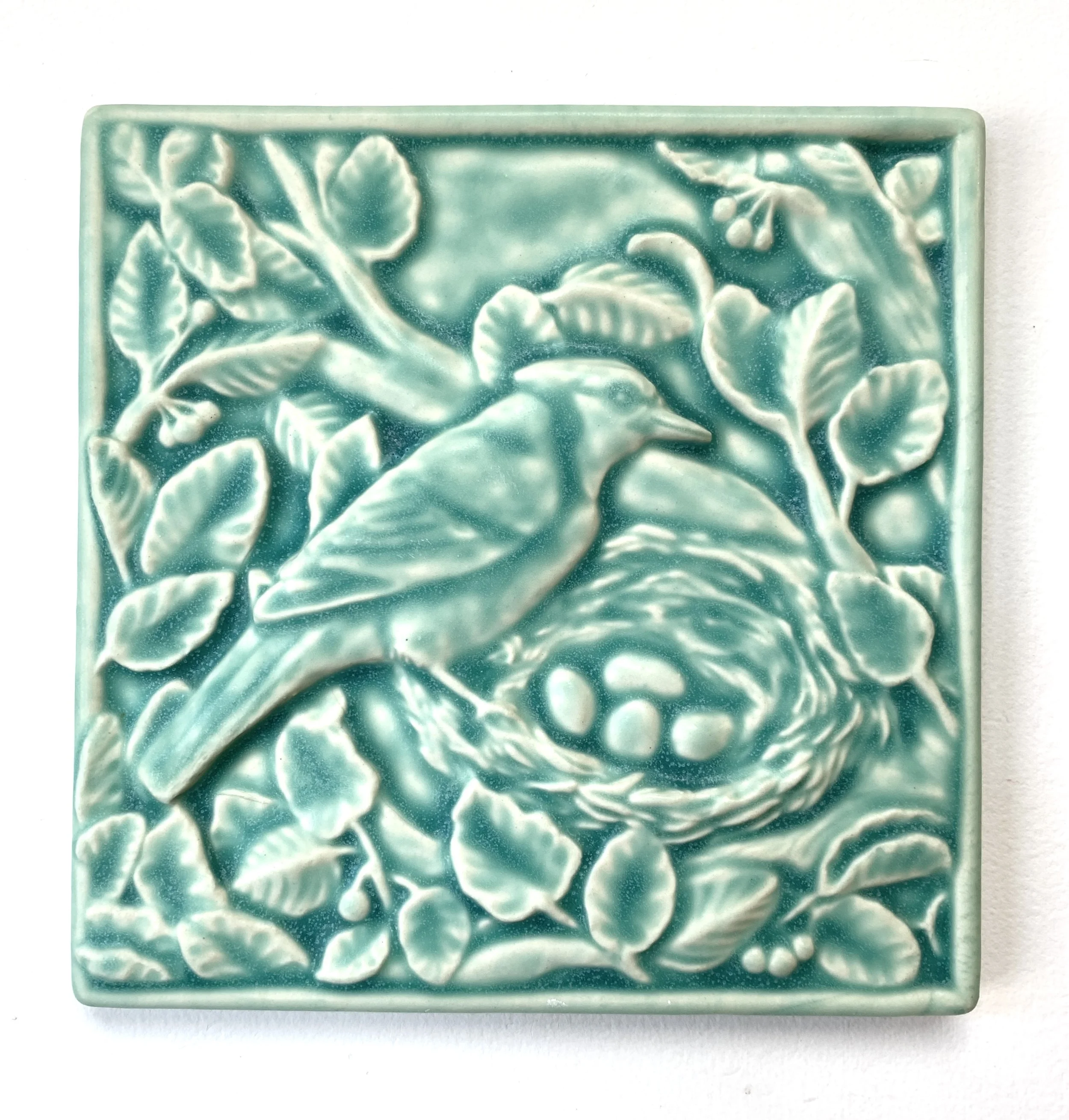 Nesting Bluejay Ceramic Art Tile in Bermuda glaze